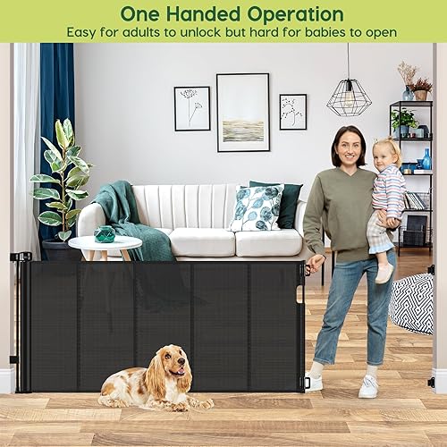 Miniatura 5 de Puerta retráctil reforzada de 80 pulgadas para bebés, puerta extra ancha para bebés para amplias aberturas, puerta retráctil para perros para