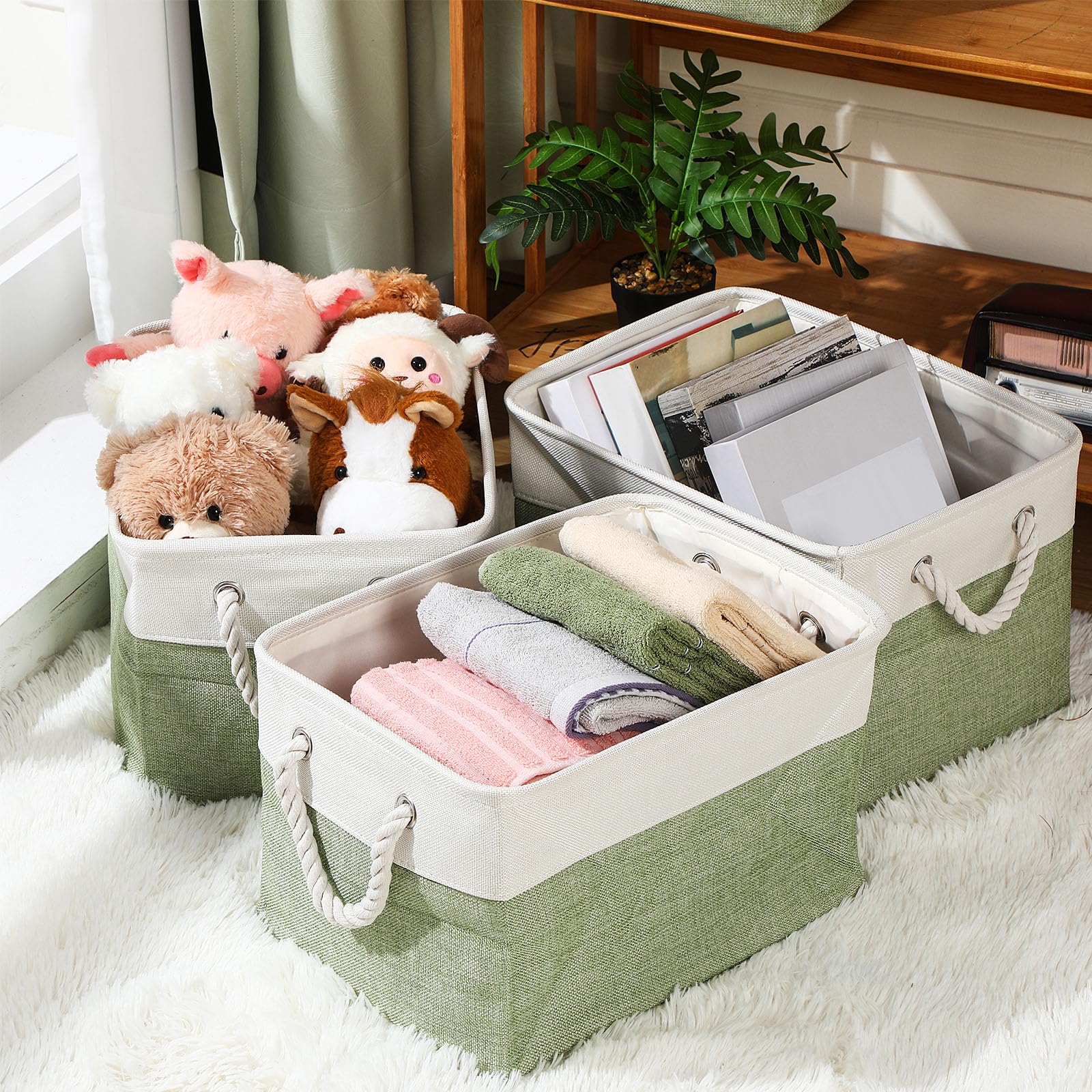 FoldTier Große faltbare Aufbewahrungskörbe aus Stoff mit Griffen, dekorative Aufbewahrungskörbe für die Organisation von Regalen, Spielzeug, Kleidung, Beige und Grün, 40,6 x 30,5 x 25,4 cm, 10 Stück