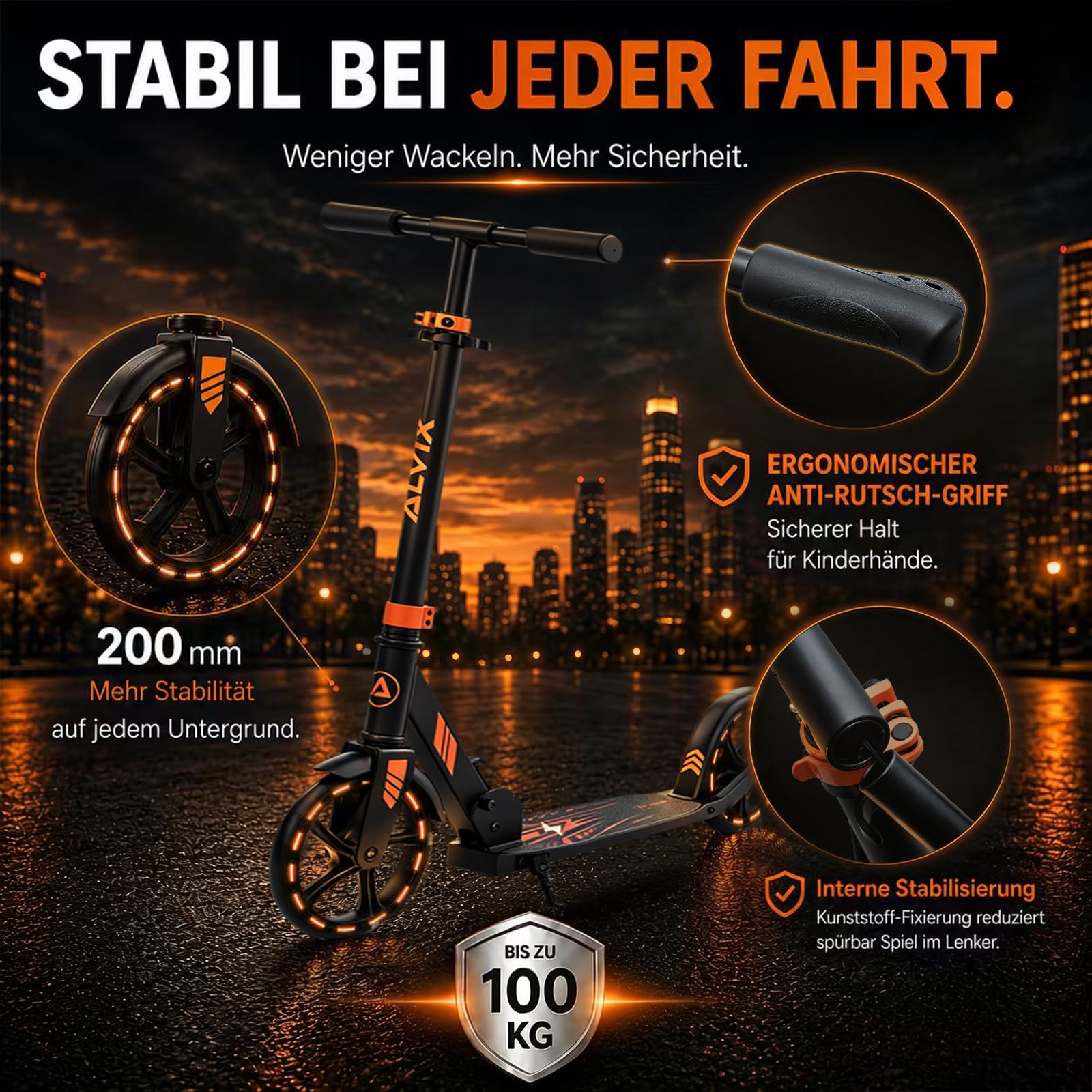ALVIX Kinder Scooter mit LED-Rädern – Faltbarer Kinderroller 200 mm | Höhenverstellbarer Kickroller ab 6 Jahren, breites Deck, Tragegurt, bis 100 kg belastbar