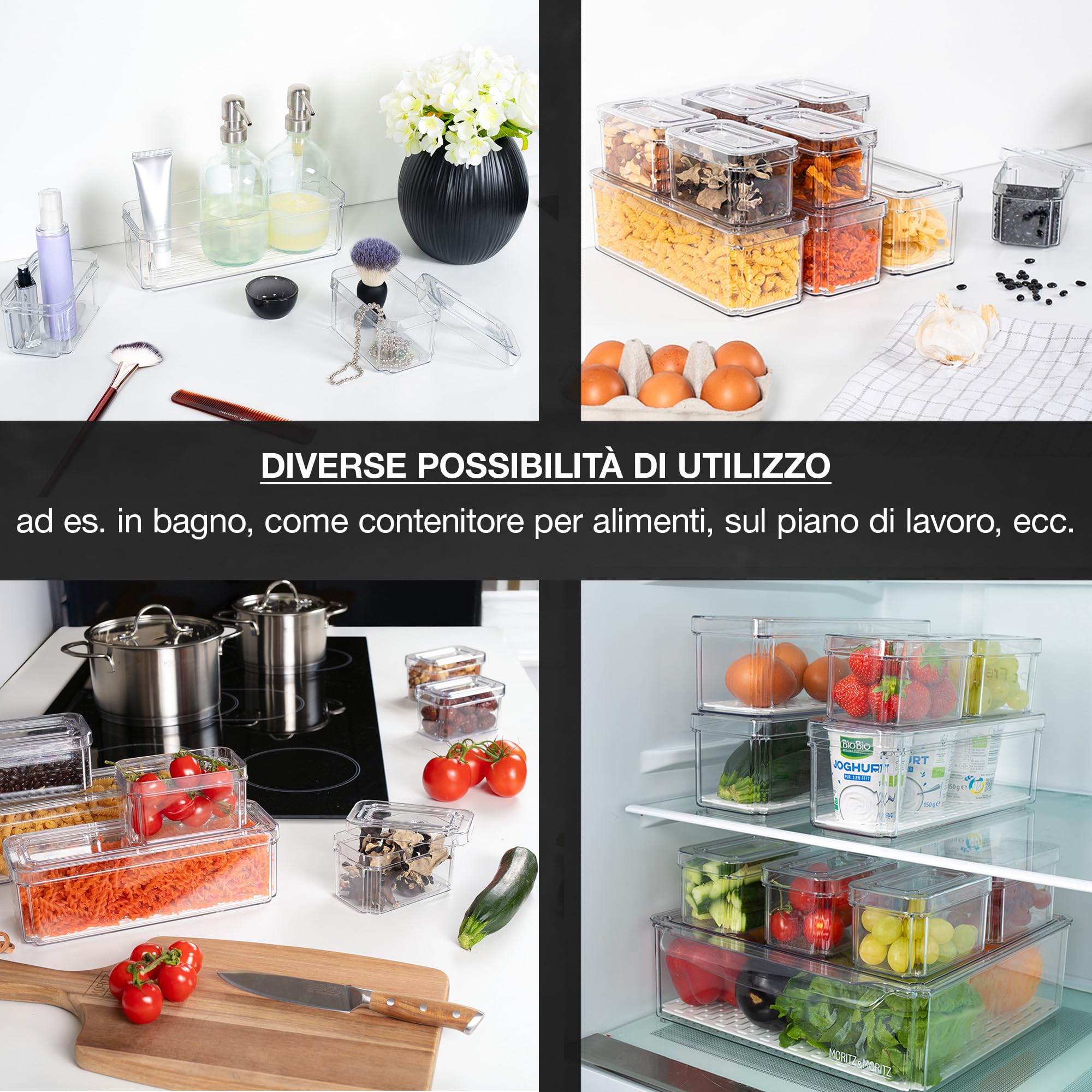 Moritz & Moritz Confezione da 10 organizer per frigorifero con coperchio, impilabili, contenitori per frigorifero, trasparenti, robusti, per cucina, cassetto