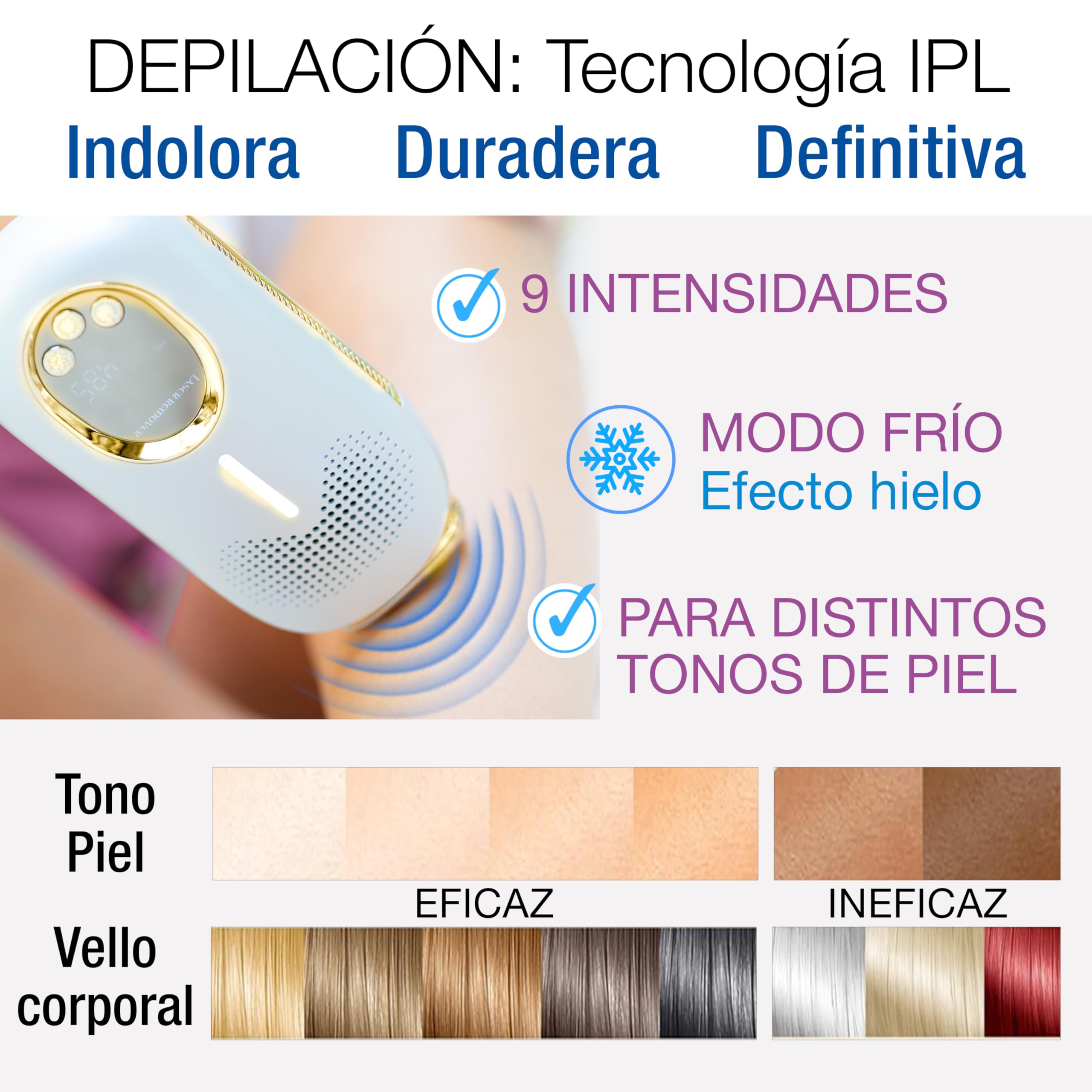 Bye Bye Depiladora IPL Tecnología de Luz Pulsada - 9 Niveles de Intensidad + Modo Frío - 3 Funciones: Depilación, Antiacné y Rejuvenecimiento - 2 Cabezales + Gafas Protección - Ligero, agarre fácil