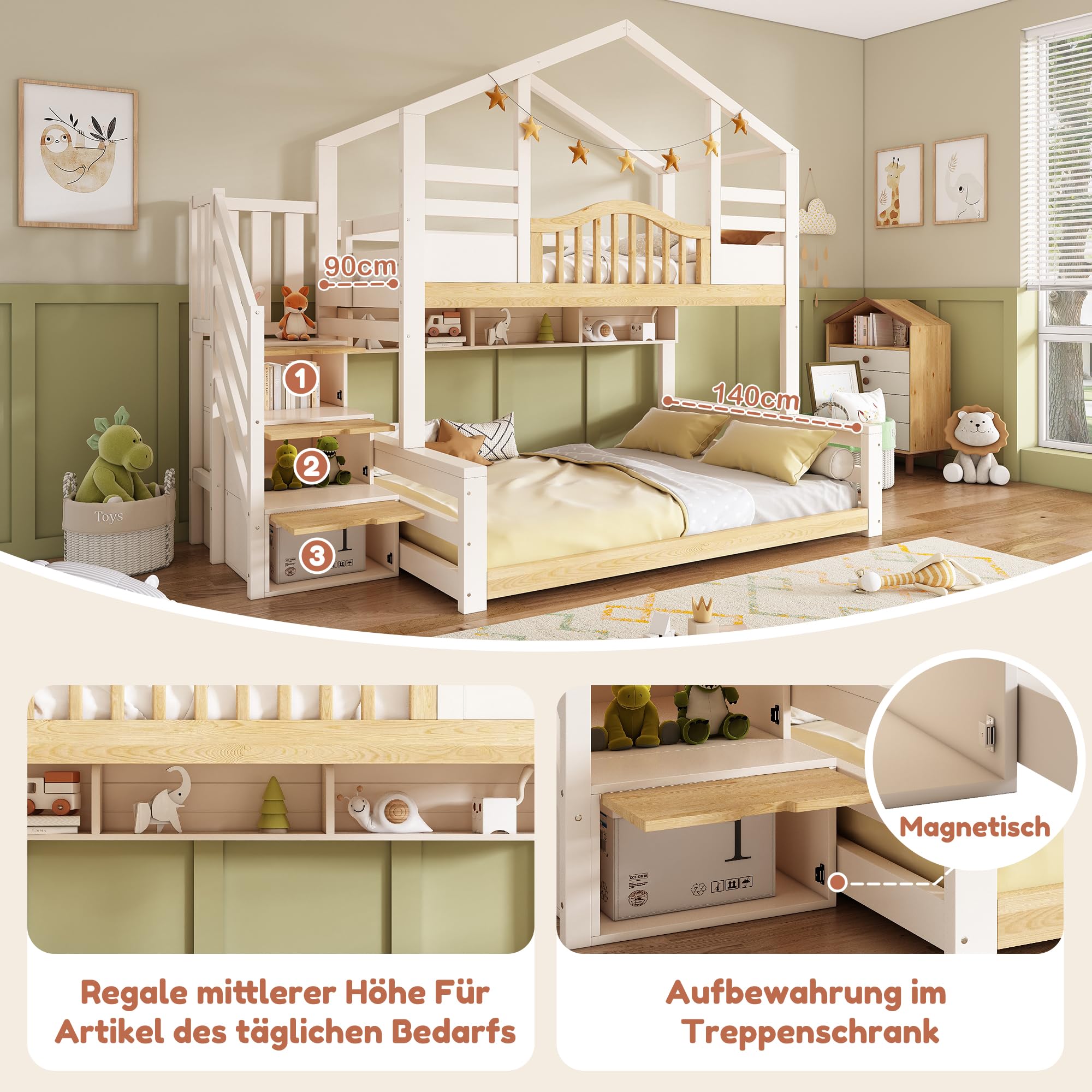 Hochbett Etagenbett 90x200cm&140x200cm mit Treppenschrank, Kinder Hausbett mit Dach und Geländer, unteres Bett mit drei offene Regale, Kinderbett für 2 Kinder, Massivholz (Weiß&Natur, 90/140 x 200 cm)