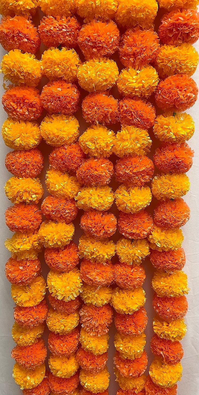 omuda Artificial Marigold Fluffy Flowers Garlands for Festive Pooja Wedding Housewarming Diwali Decorations Festival Events Home Table Bedroom Pooja Room (Yellow & Dark Orange)