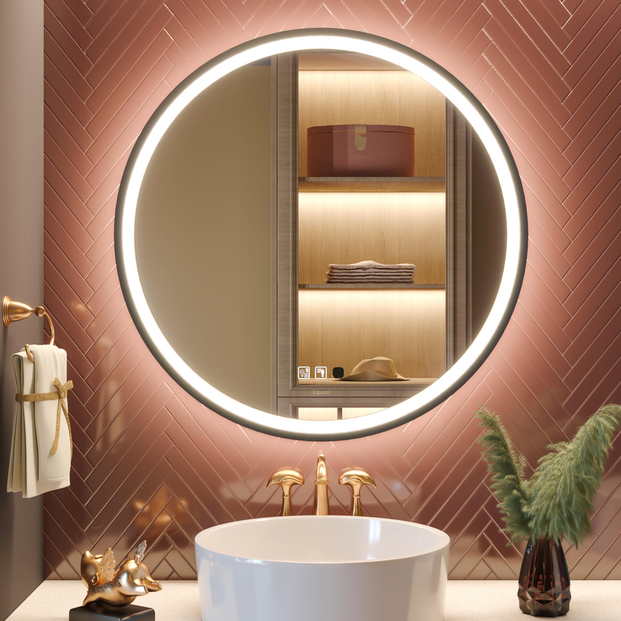 GANPE Espejo con Sensor LED, Redondo de inducción Corporal, iluminación Regulable, antivaho, IP44, Impermeable, montado en la Pared (Marco Redondo, 80 cm)