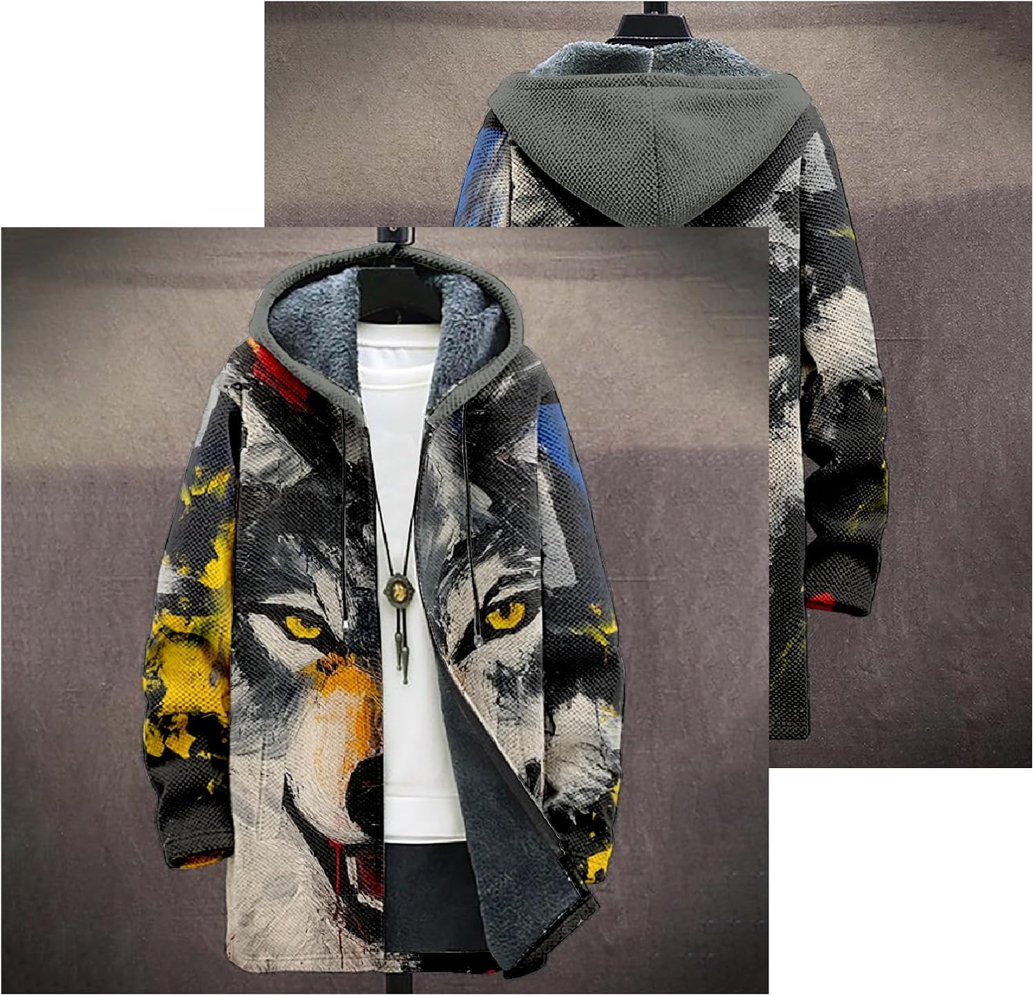 Mens Long Cardigan Hoodies Color Block Hooded Jacket Horse Print Open front Sweater Hoodie with Pockets Coat - Image 4
