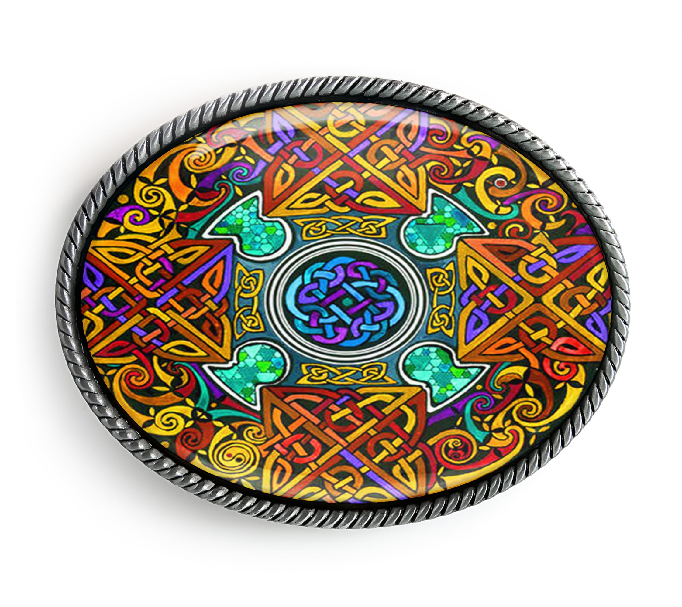 Celtic Knot Belt Buckle - Handmade Colorful Irish Mandala Belt Buckle (Antique Silver)