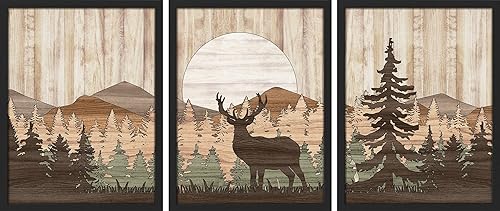 SIGNWIN Arte de pared enmarcado de bosque de montaña, juego de 3 impresiones coloridas de decoración de pared de alce, ciervos y atardecer,