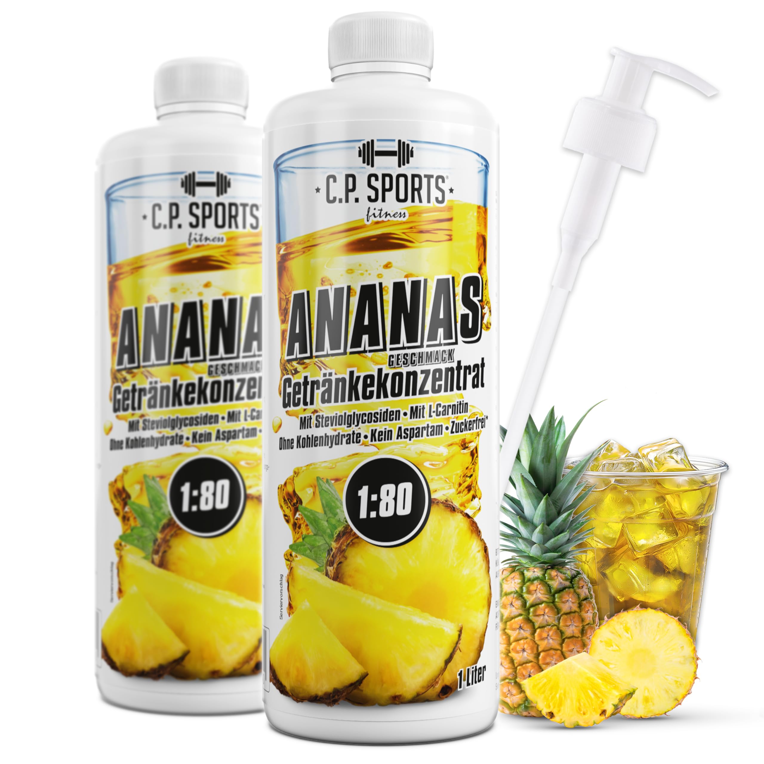 C.P. Sports Getränkesirup ANANAS für Mineraldrink I VITAMINE + ZUCKERFREI* I Getränkekonzentrat Sirup 1:80 zum Mixen mit Wasser für Vital-Drink Sport-Getränk I 2 Liter + 2 Pumpspender