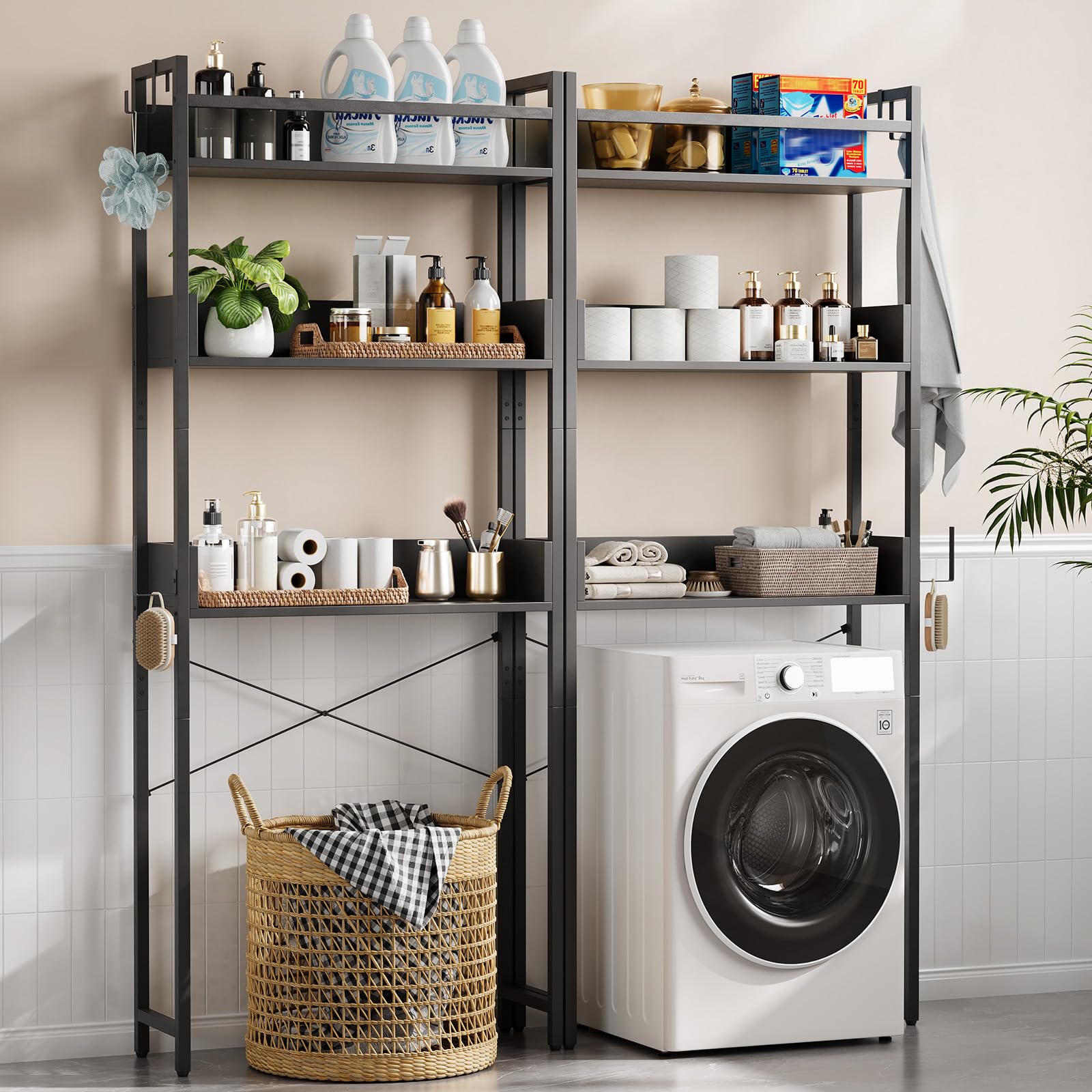 Étagère de Toilette 3 Niveaux,66x23x162 cm,Rangement au-Dessus des WC en Fer, Meuble Salle de Bain Économiseur d’Espace avec Crochet, pour Buanderie Cuisine Balcon Salon, Noir