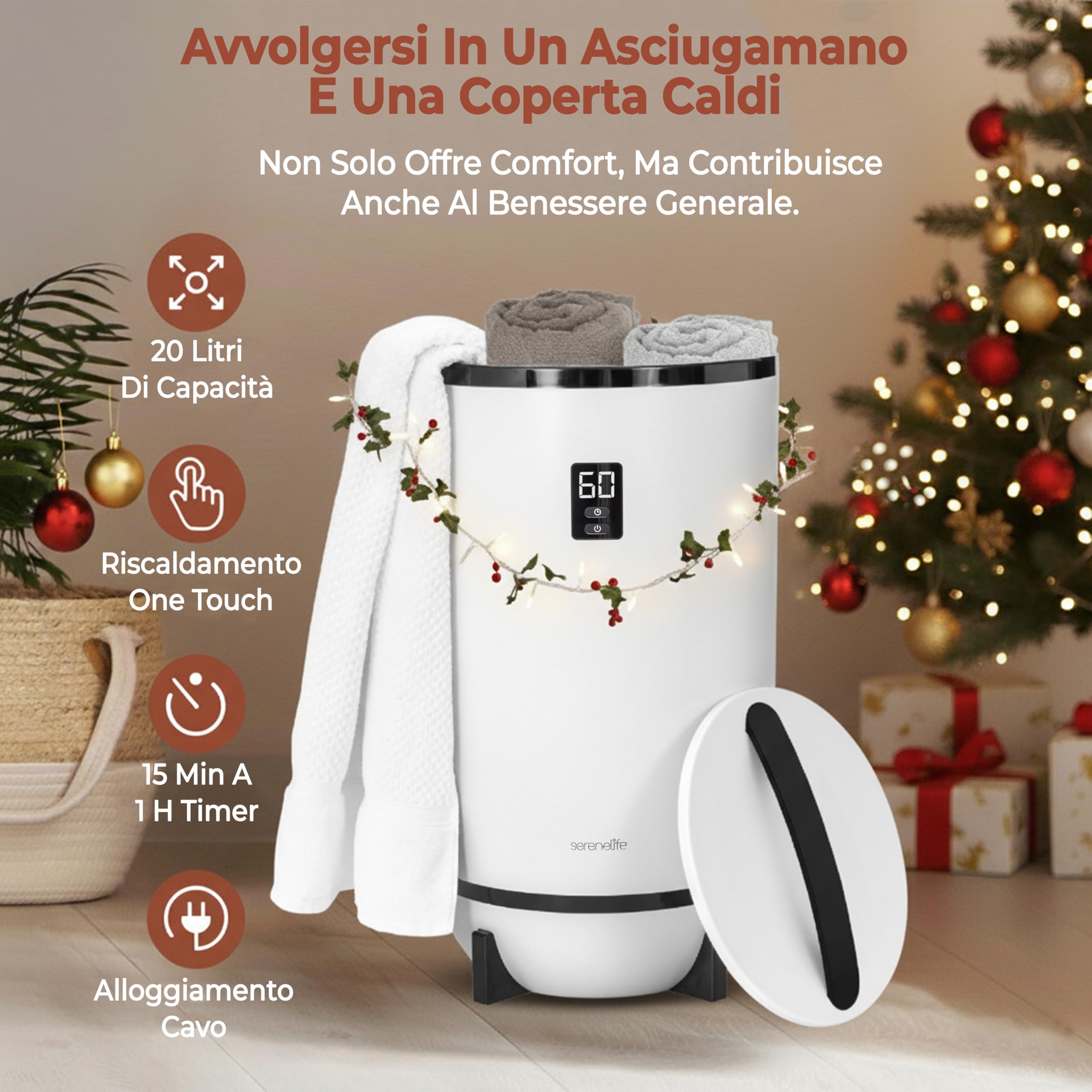 SereneLife Scaldasalviette Elettrico Bagno a Secchio, Scaldasalviette Bagno con Profumazione, Spegnimento Automatico, per 2 Asciugamani, Coperte, Accappatoi