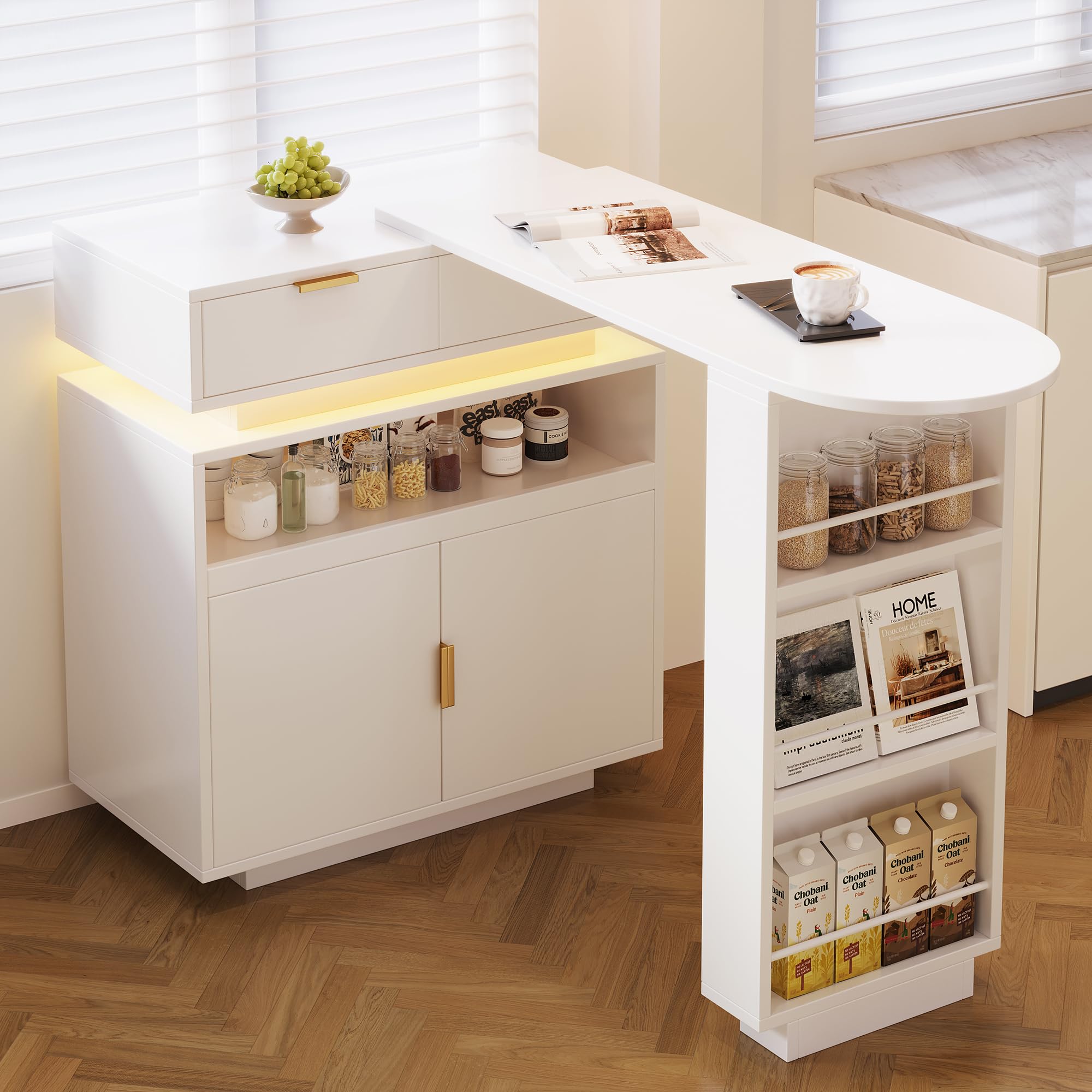 Meuble Bar Rotatif Extensible 115-183cm,îlot de Cuisine avec rangements,LED,Rotation 360,Table Extensible–Bar à café Mobile pour Cuisine et Salle à Manger,Blanc