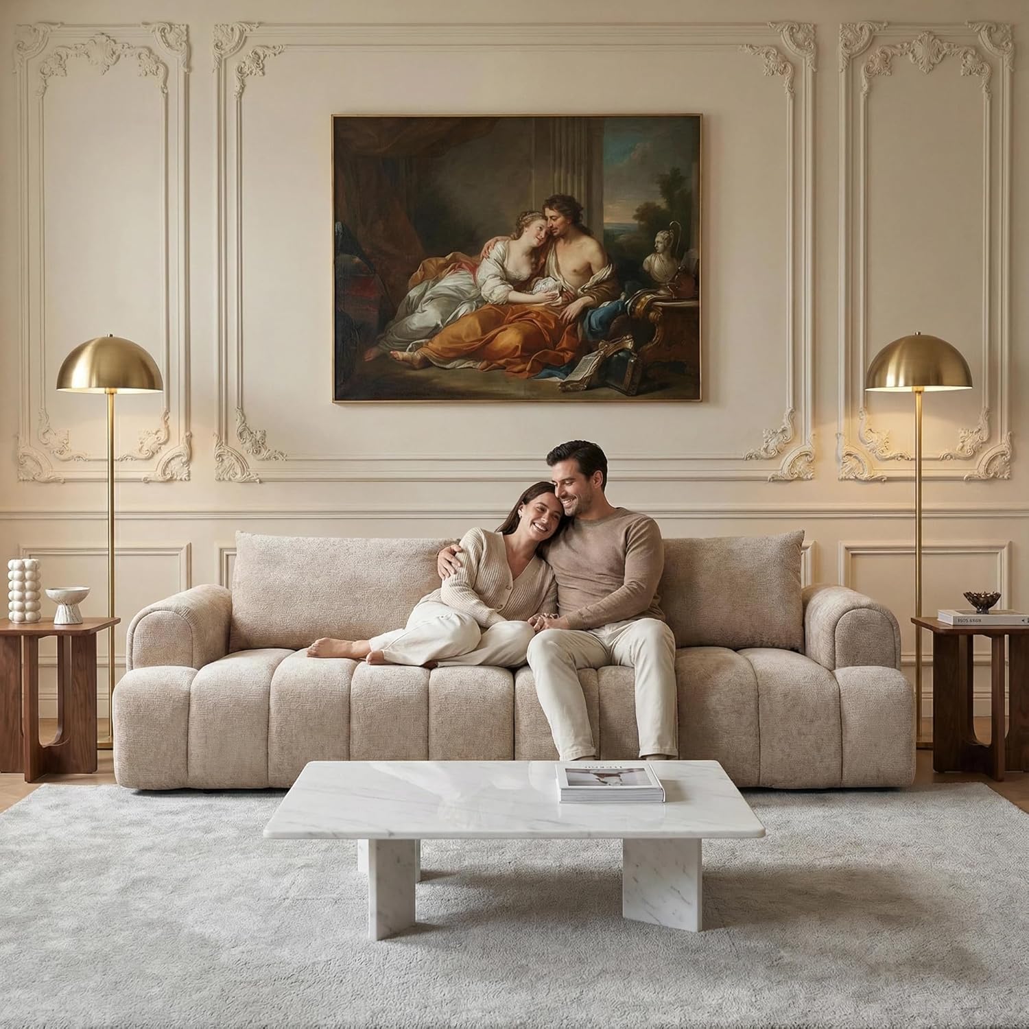 100" Chenille Velvet Sofa,Oversized Loveseat Cloud Couch,4 Seater Tufted Upholstered Bubble Sofa with Extra Deep Seat & 2 Pillows,Modern Plush couches for Living Room,Apartment,Camel