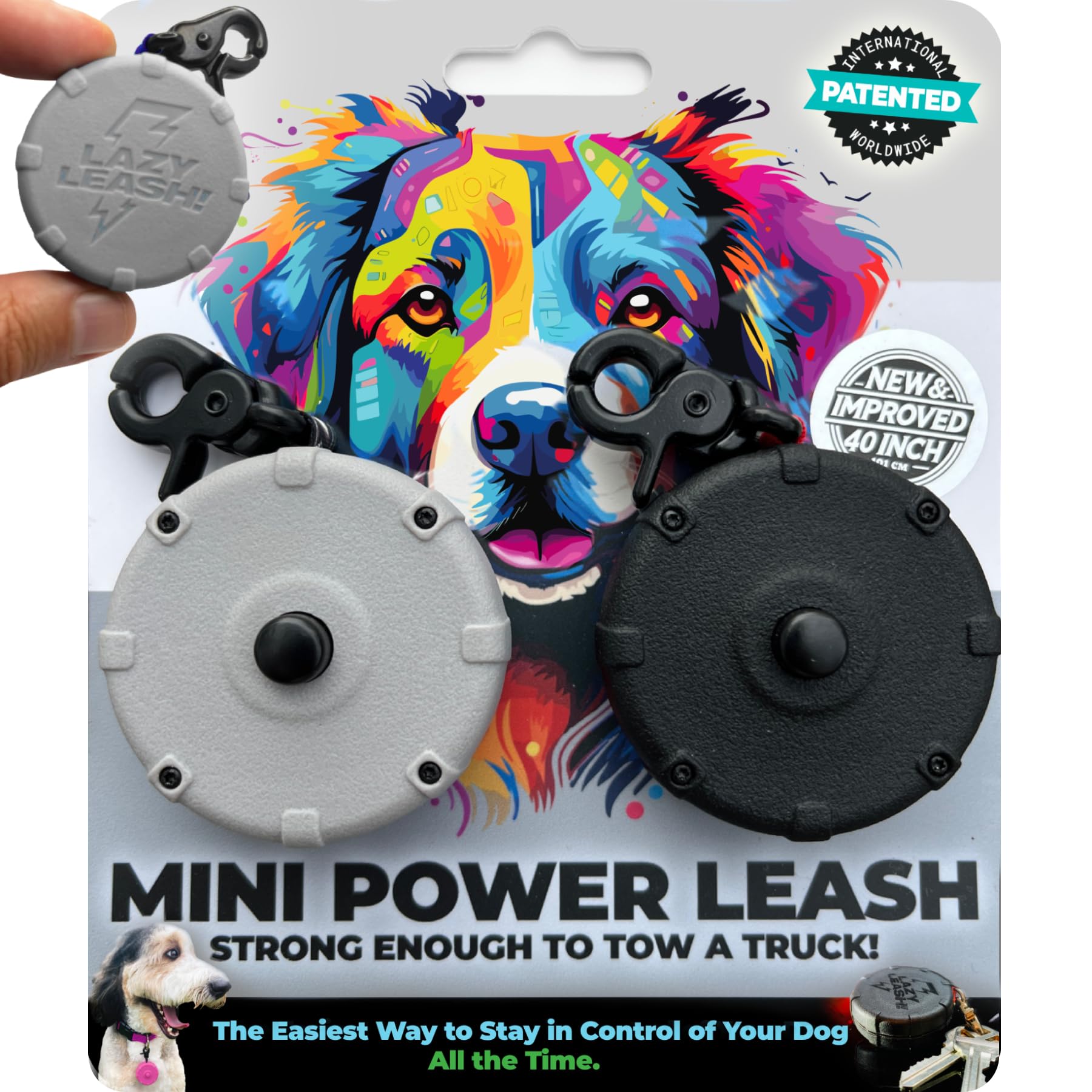 Mini Clip-On Power Leash Set – 2pc Heavy-Duty, Lightweight, Compact, Durable, Waterproof, Wearable, Adjustable Lead for Off-Leash Walking, Hiking, Training, Travel & Hands-Free Dog Control