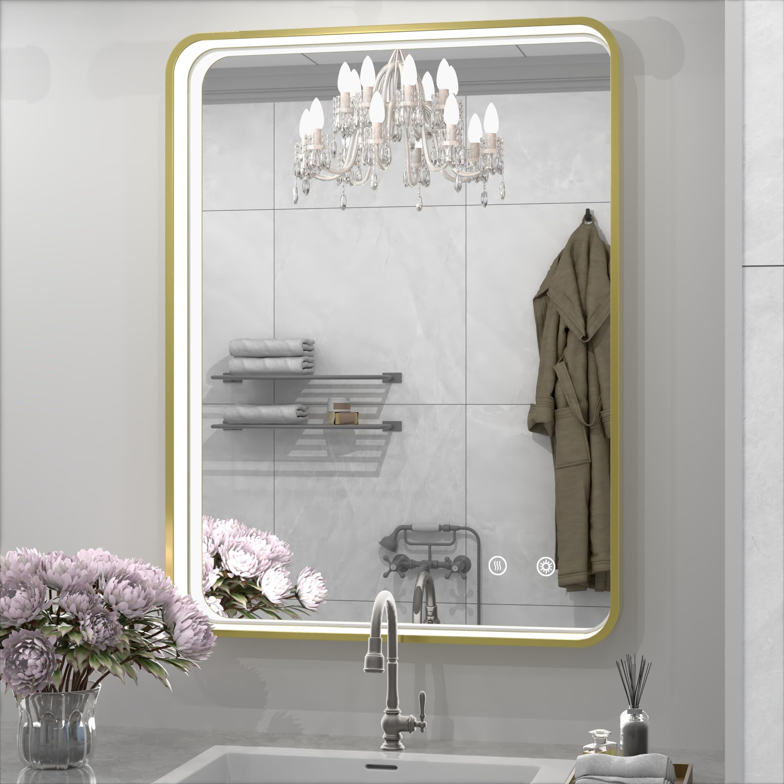 JSneijder 24x32 Inch Gold Framed LED Bathroom Mirror with Lights, Lighted Vanity Mirror, Wall Mounted Anti-Fog Dimmable LED Makeup Mirror for Bedroom (Horizontal/Vertical)