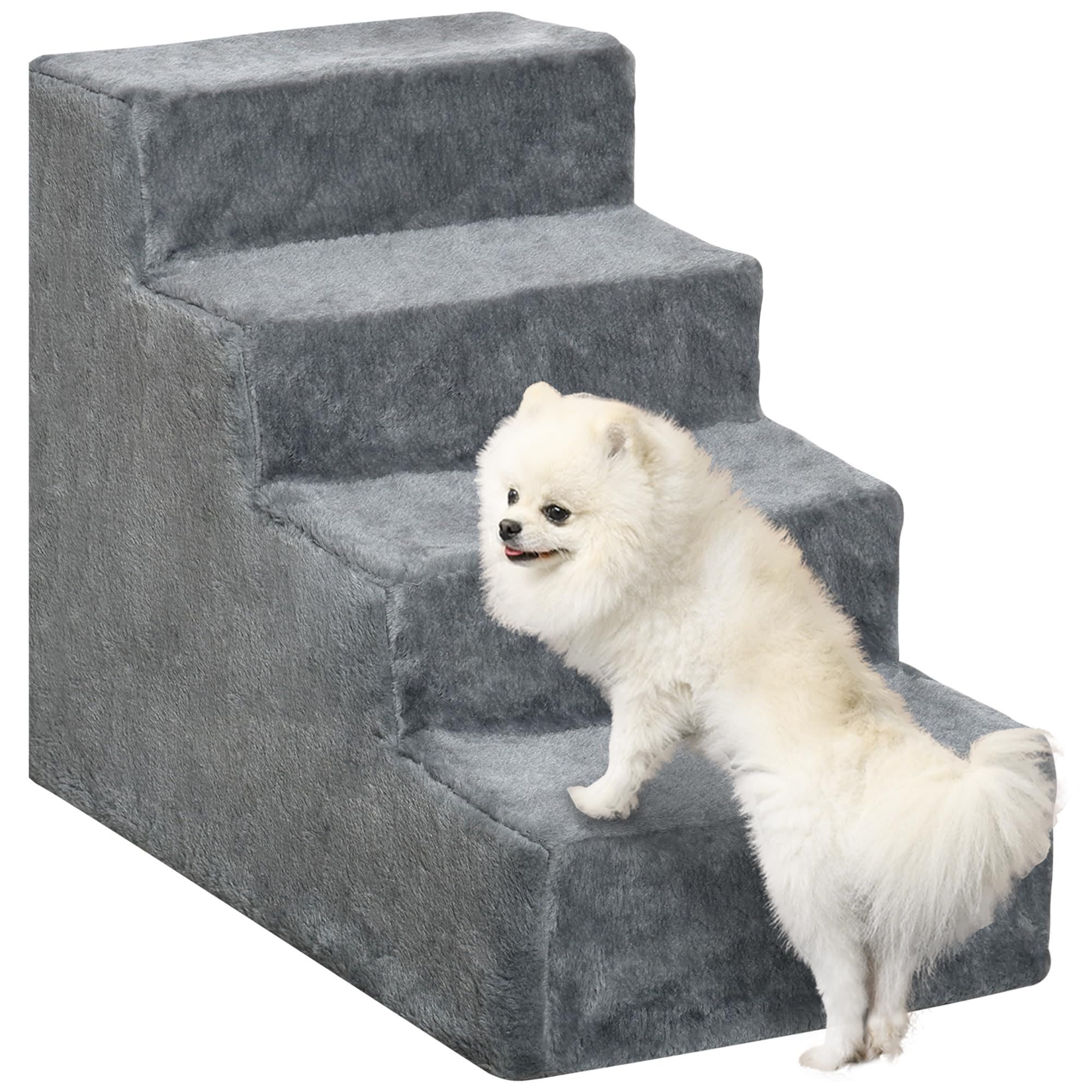 PawHut Dog Steps for Sofa, 4 Steps Dog Stairs, Pet Stairs, with Washable Plush Cover, for Small Breeds, Cats - Light Grey
