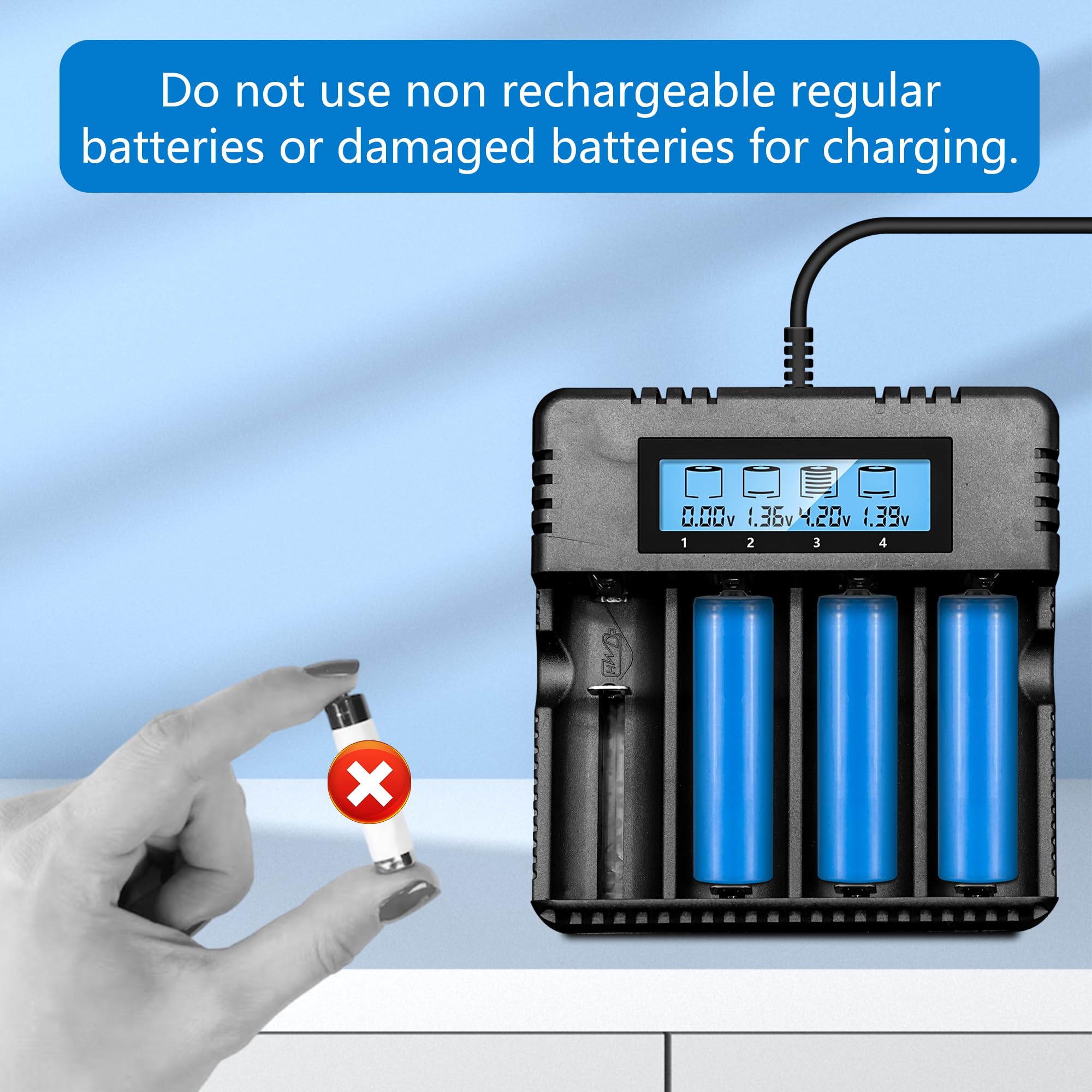 LCD Chargeur de Piles, Chargeur de Batterie avec 4 Lots de Charge Chargeur pour 3.7V 26500/18650/14500/16340/26700 Lithium