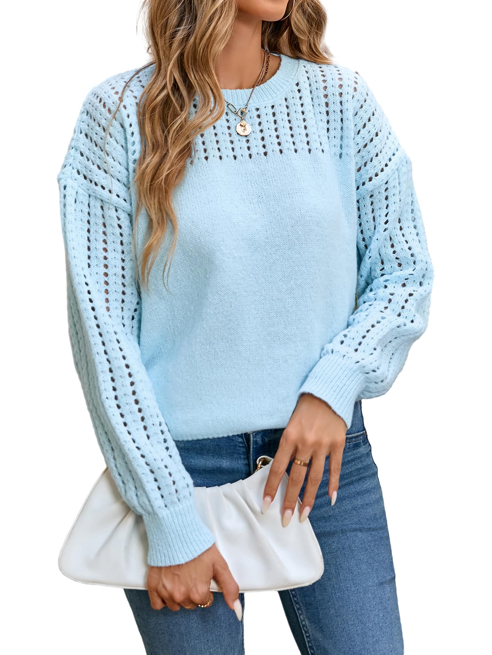 BreanthSunny Womens Lightweight Crochet Sweaters Crew Neck Casual Hollow Out Knit Fall 2025 Trendy Long Sleeve Pullover Tops