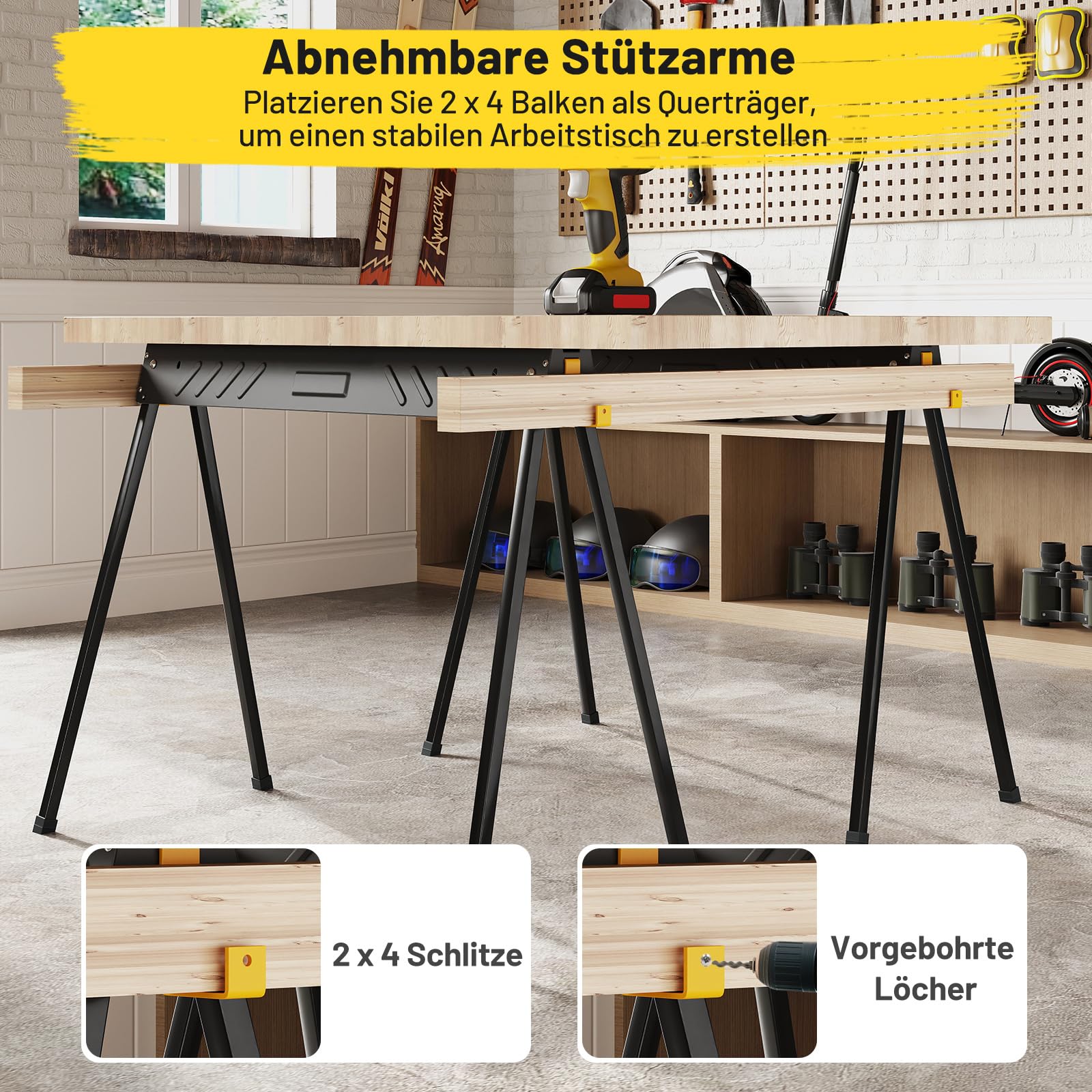 COSTWAY Arbeitsbock 2er Set, bis 500KG belastbar, Böcke klappbar, Sägebock mit 2 x 4 Stützarmen, tragbare klappböcke mit Griff, Gerüstbock für Holzbearbeitung, 94 x 47 x 74 cm