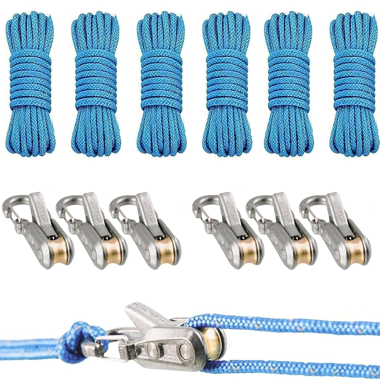 Seilrolle, 6 Seile und 6 Seilversteller, Seilrolle Seilspanner, Seilspanner mit Paracord-Zugwerkzeug, Verstellbarer Seilspanner für Camping, Bootfahren, Wandern, Outdoor-Aktivitäten (A)