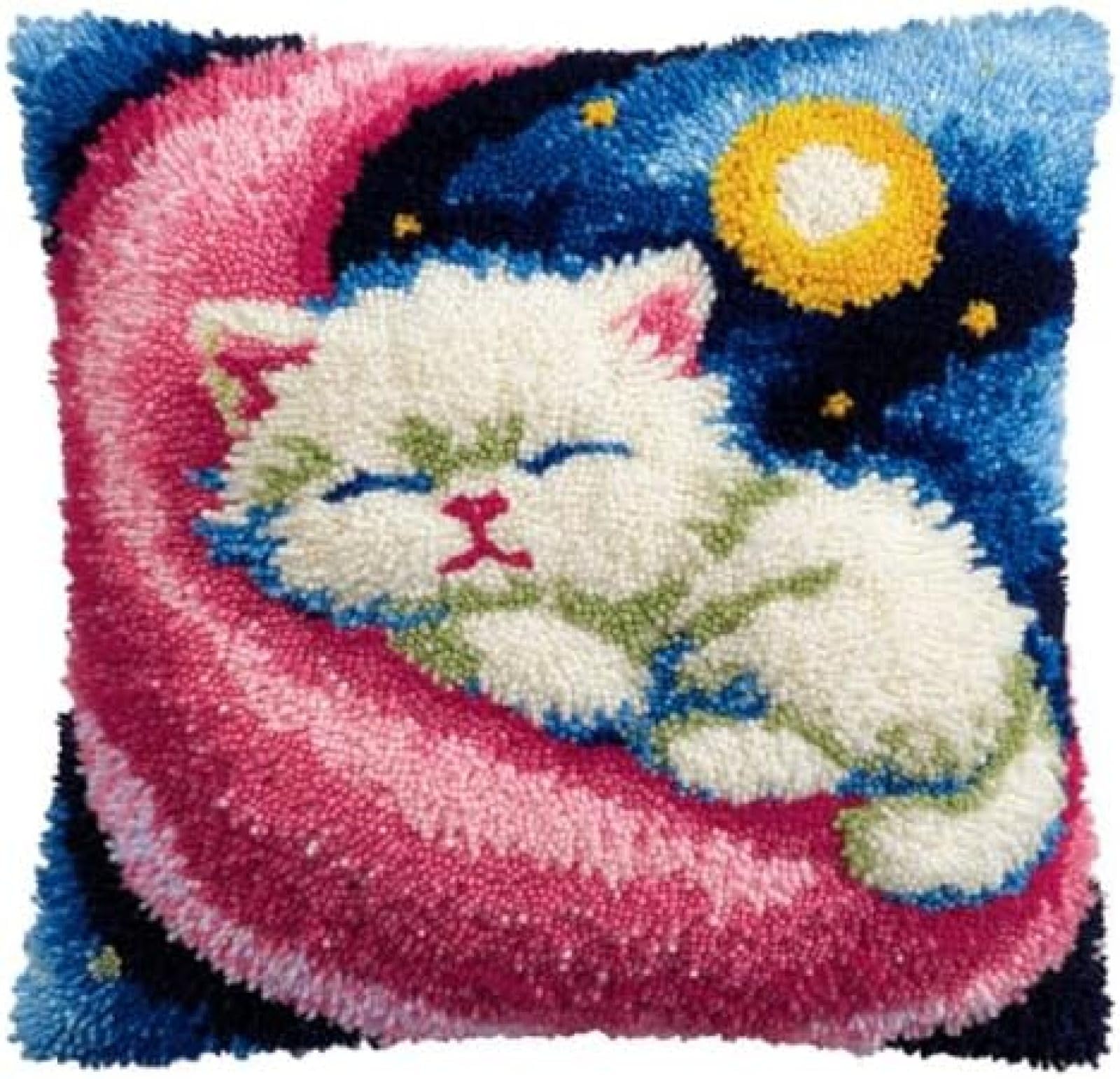 Kitphoenix Multicoloured Diy Latch Hook Cushion Kit Persian Cat Sleeping On Moon,Beginner-Friendly Rug Hooking Pillow Kit,Crochet Craft Cushion Cover For Home Decor,43X43 Cm