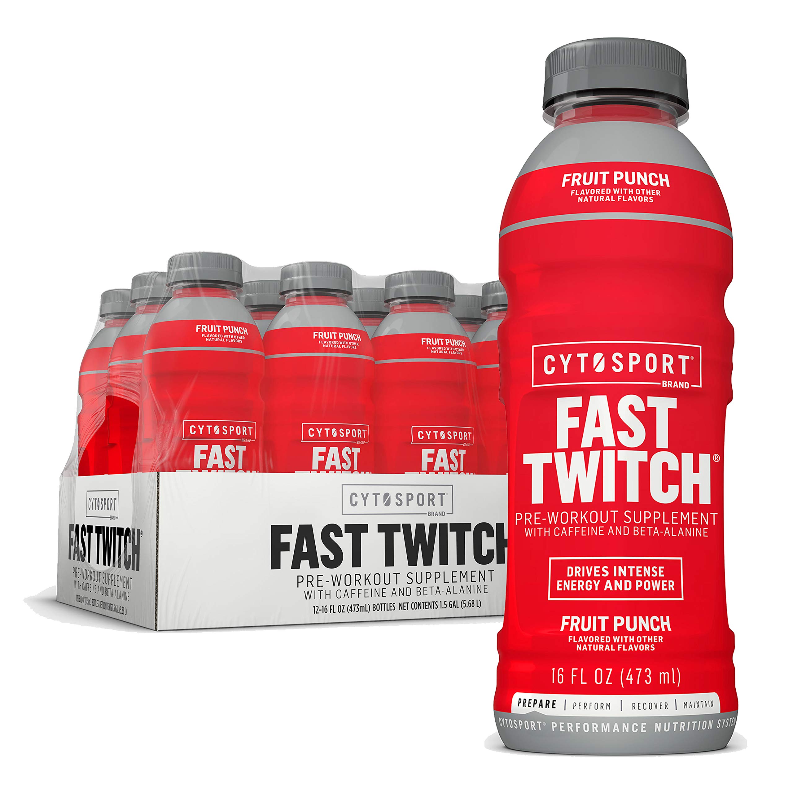 CYTOSPORT Fast Twitch, Pre-Workout Supplement w/Caffeine, Fruit Punch, 200mg Caffeine, 16oz, 12pk, 1