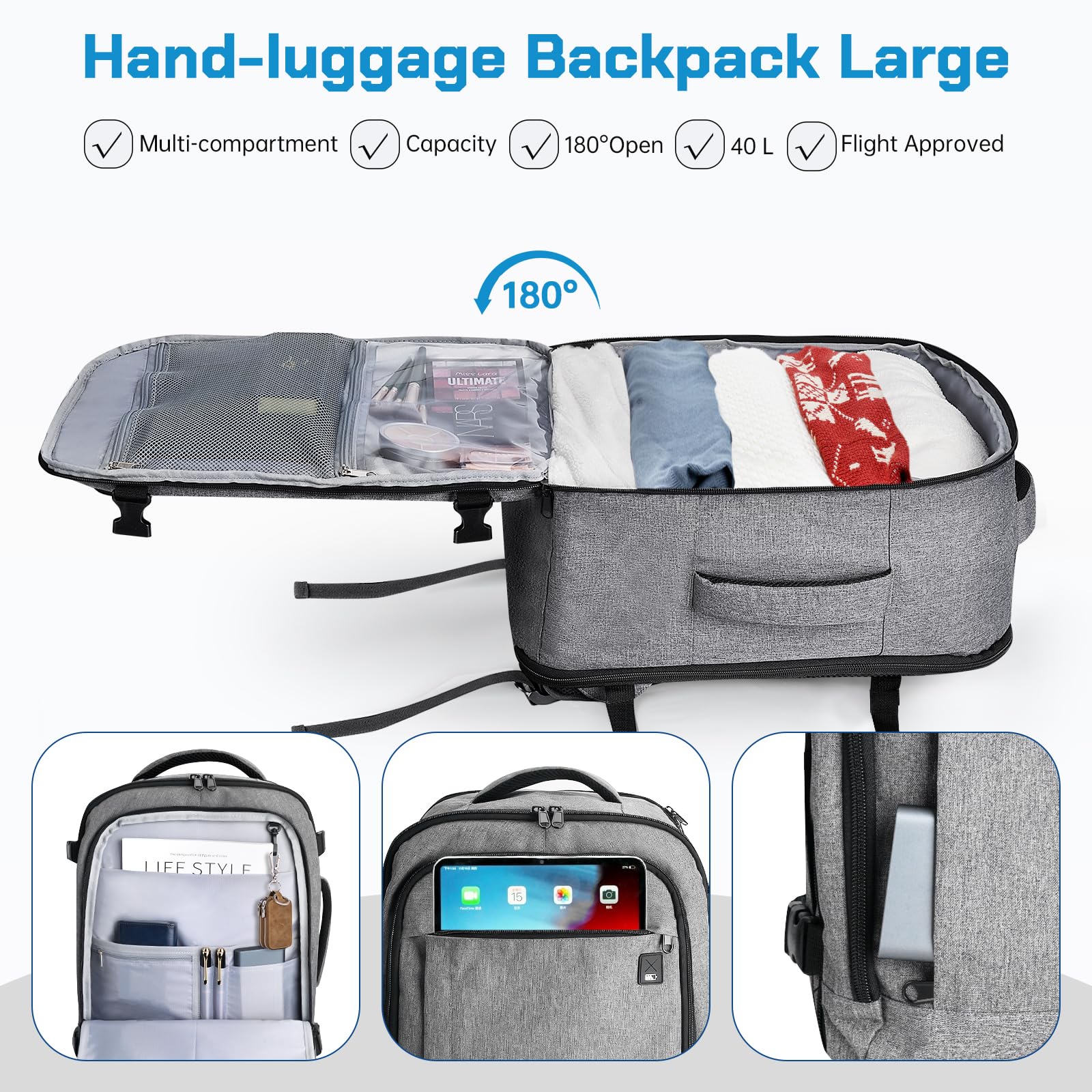 Vinstatin Zaino Ryanair 45x20x35 (40L) Zaino da Viaggio per Donne e Uomini,17.3 Zoll Zaino Aereo con 4 Sacchetti Organizzatori,Bagaglio a mano Borsa Viaggio Cabina Zaino Travel Viaggio Casual