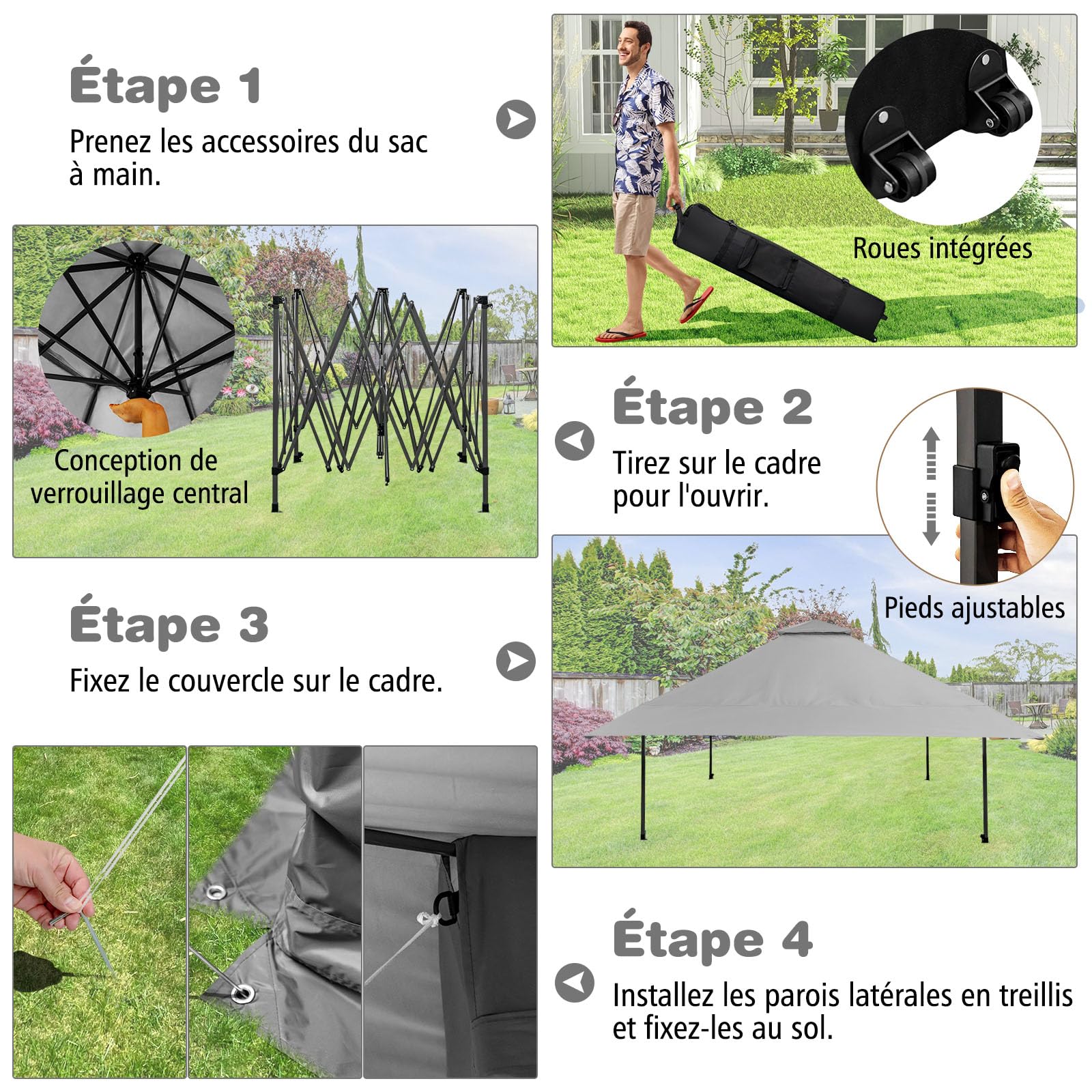 RELAX4LIFE Tonnelle de Jardin Exterieur 4x4 avec Parois en Maille à Fermeture Éclair, Hauteur Réglable, Tonnelle Pliante Pop-up, Double Toit, Protection UV50+, Sac à roulettes pour Cour Patio (Gris)