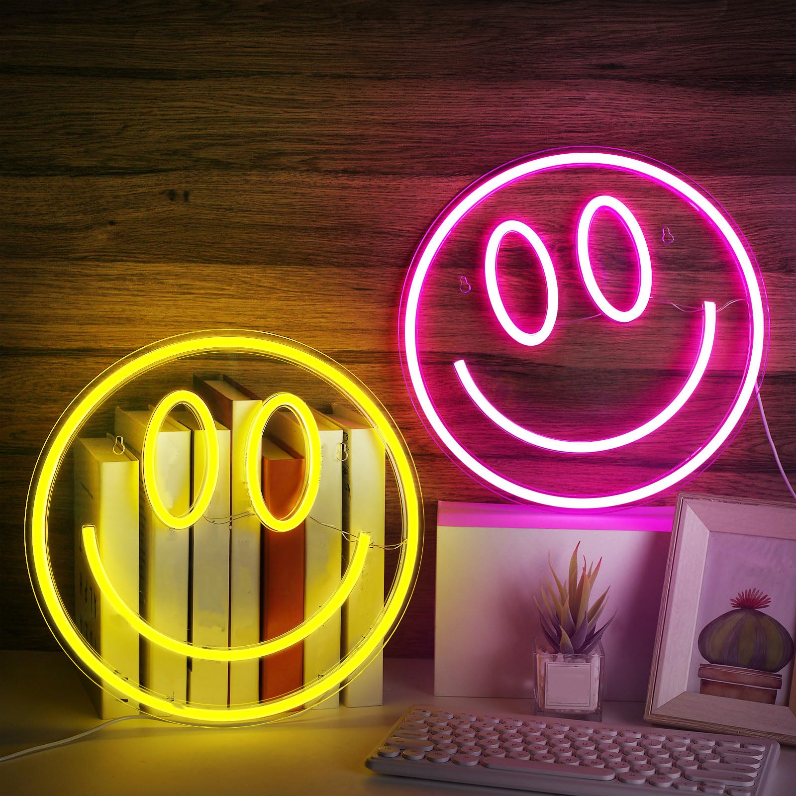 Honoson 2 Pcs Face Neon Lights 13 Inch Large Neon Signs USB Powered LED Sign Cute Game Room Lights for Bedroom Wall, Classroom Wedding Party Birthday Bachelorette Party Yellow, Pink(Smile)