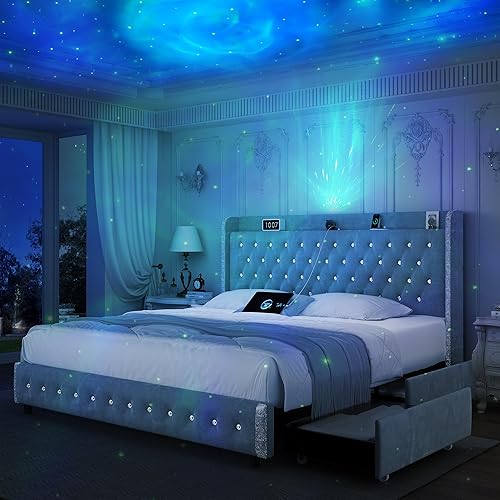 Miniatura 8 de Base de cama LED Queen con 4 cajones, cargador de proyector de galaxia estrella, altavoz de música, cabecera tapizada con respaldo de ala, marco de