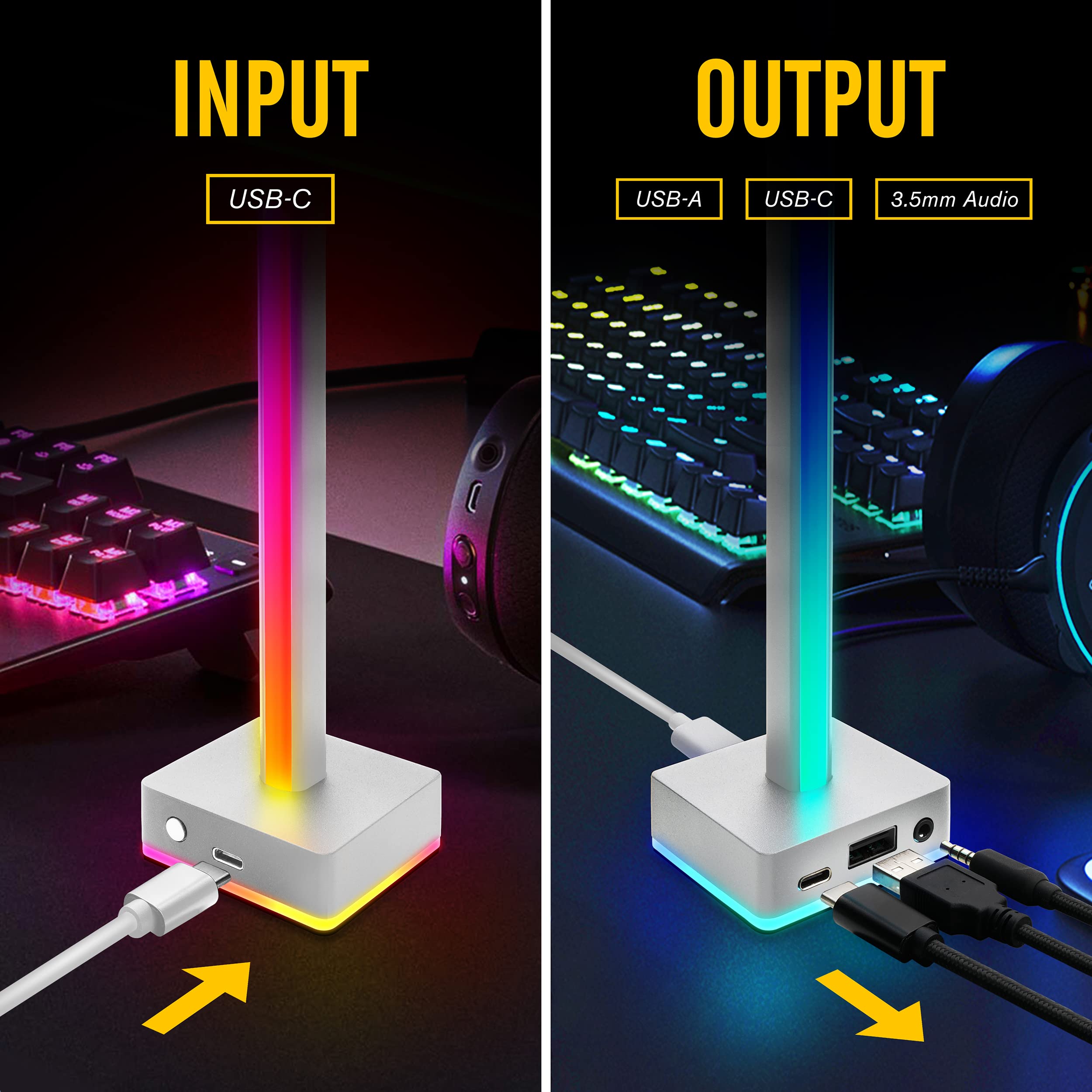 EZDIY-FAB USB LED Light Bar stojak na słuchawki, nastrojowe podświetlenie RGB, 50 wbudowanych trybów kolorów, uchwyt na słuchawki dla graczy, do gier, PS5, akcesoria, biurko, biały