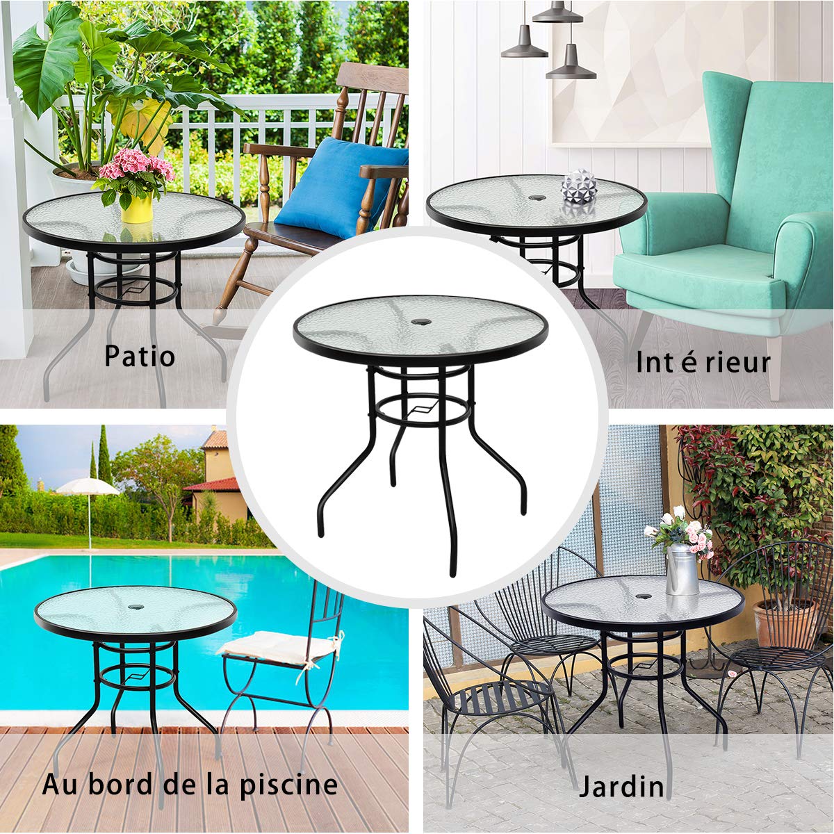 COSTWAY Table de Jardin Ronde, Plateau en Verre Trempé Massif avec Trou de Parasol, Cadre en Métal Anti-Rouille Plateau ø 80 CM, Hauteur 70 CM pour Balcon, Bistro,Patio, Terrasse Noir