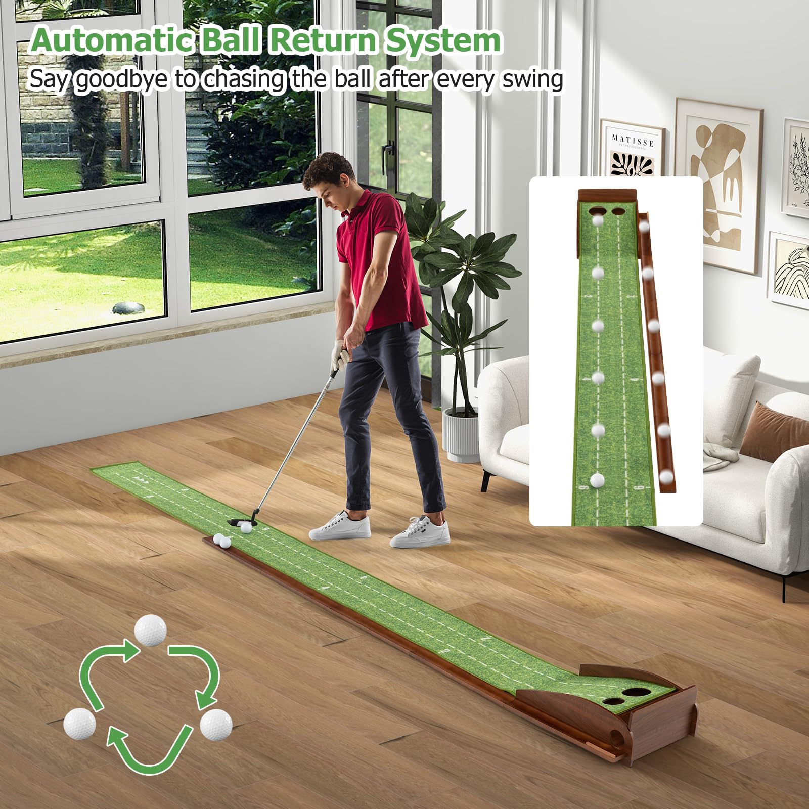 LIFEZEAL Alfombra de Putting, Estera de Entrenamiento de Golf Con 3 Pelotas para Interior, Portátil Con Retorno Automático, Almohadilla para Casa y Oficina