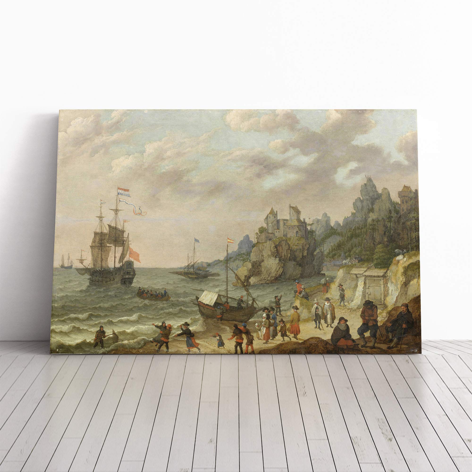 Abraham Adam Willaerts Ships at Harbour Canvas Print | Gallery Wrapped 30mm Frame Wall Art | 24x16 inches | Ready to Hang | Modern Seascape Picture | Living Room Bedroom Lounge Office