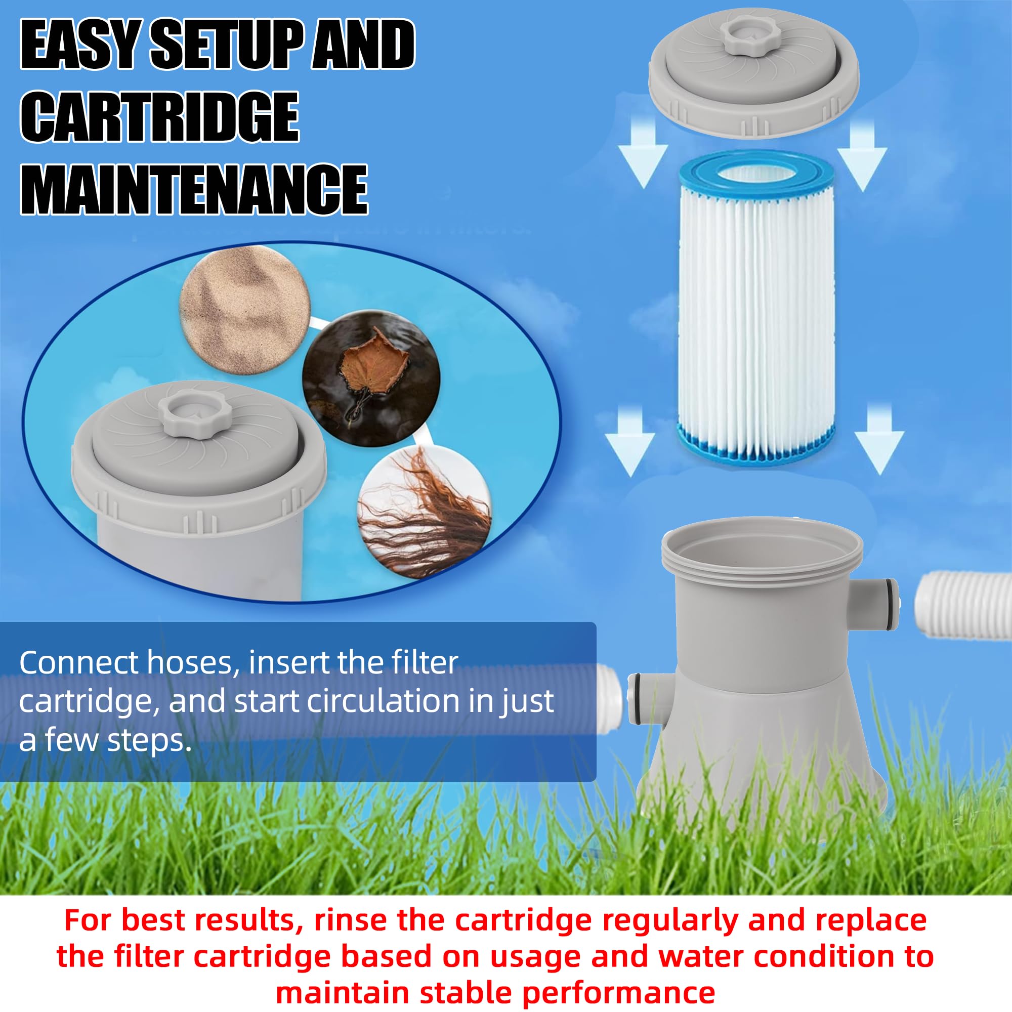 TonGass Pompe de filtration de piscine 1136 L/h (300 GPH) pour petites piscines hors sol, système de pompe à filtre à cartouche avec GFCI, pompe de circulation d'eau pour le nettoyage de la piscine et