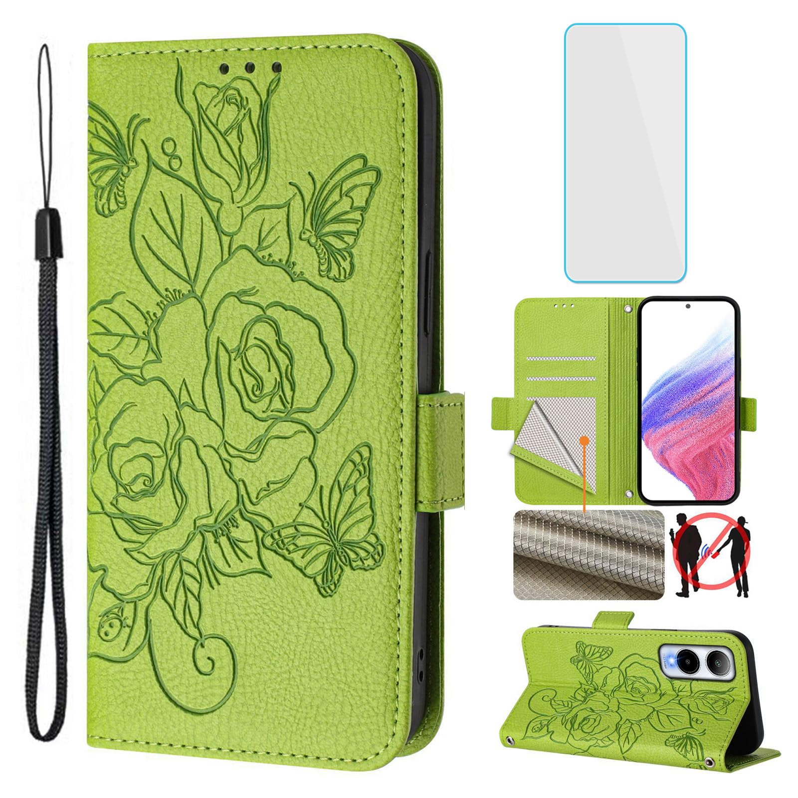 OUEAYIEN for AT&T Verge/Cricket Icon 6 Phone Case Wallet with Screen Protecter RFID Blocking Flip Card Slot Women Cell Phone Cover Floral Blutterfly