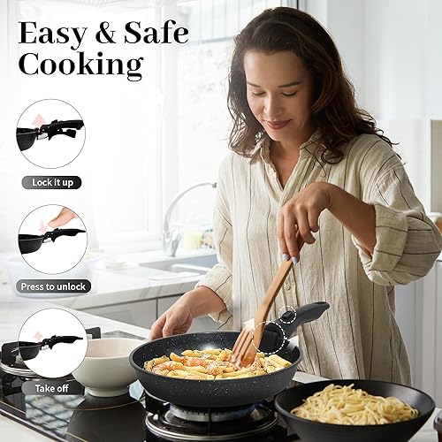 Miniatura 7 de Juego de 5 ollas y sartenes antiadherentes, juegos de utensilios de cocina con mango desmontable, juegos de utensilios de cocina de cerámica,