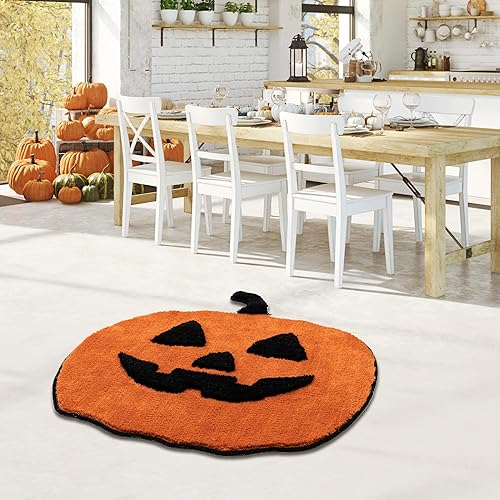 Miniatura 2 de Alfombra decorativa de calabaza de 35 pulgadas, hecha a mano con diseño de calabaza esponjosa naranja, bonita alfombra suave y fresca para sala de