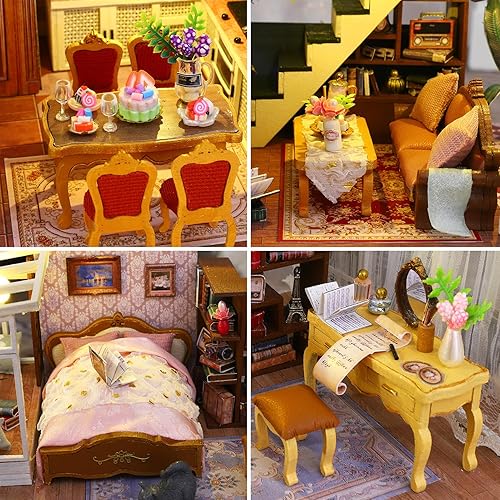 Miniatura 5 de Spilay Kit de casa de muñecas en miniatura con muebles de madera, kit de casa de muñecas DIY con cubierta a prueba de polvo, caja de música y LED,