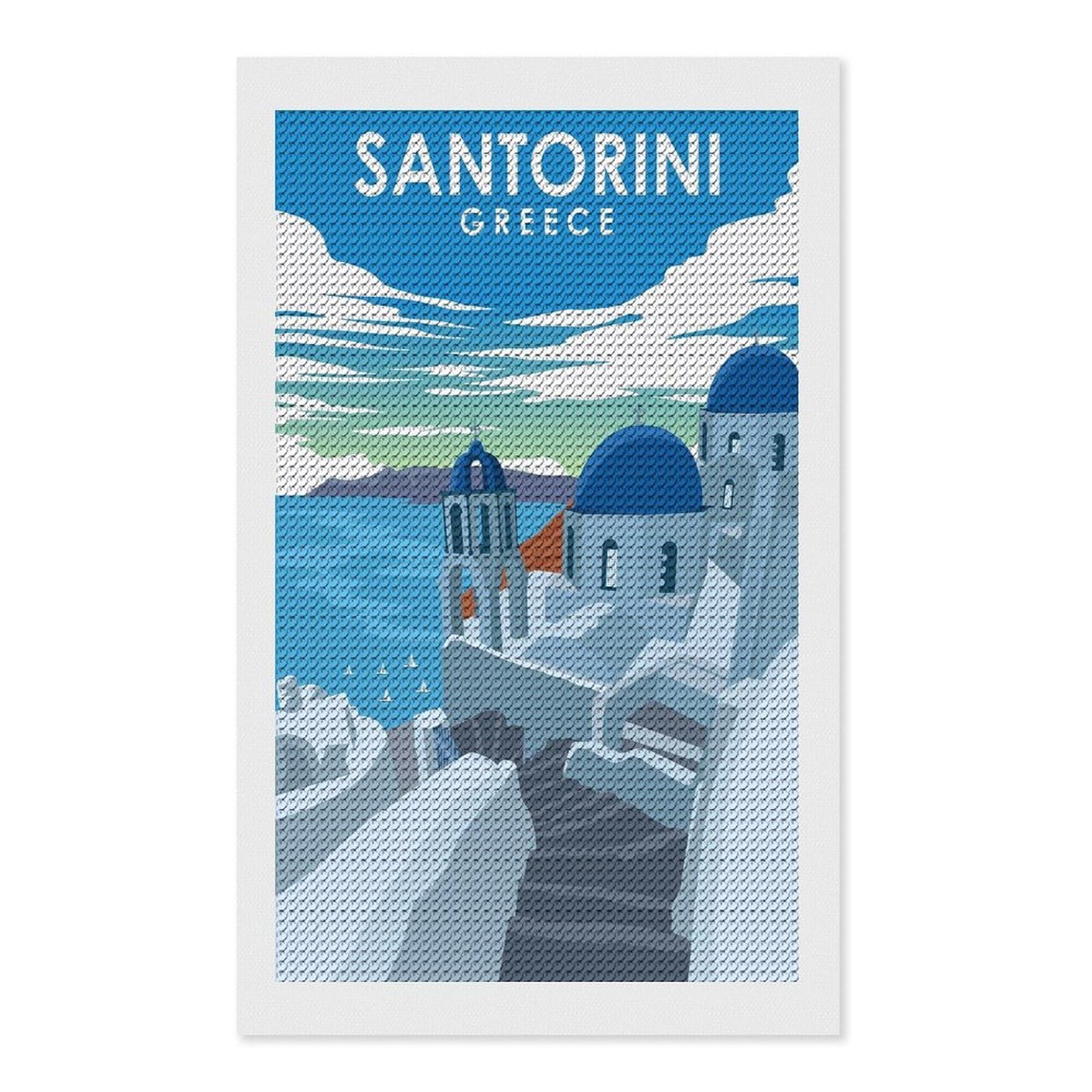 Junmoney Santorini Greece Travel(2) Diamond Painting Canvas Set 12"x20", for Craft Lovers, Decorate Your Room, Festive Craft Gift, Vintage Style Decor