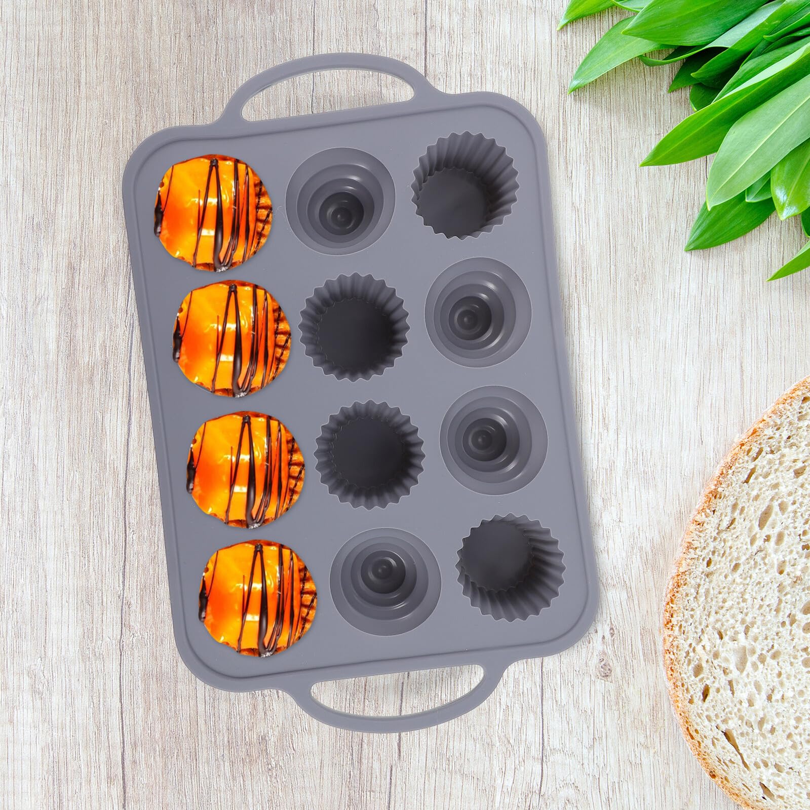 Molde de Silicona para Pasteles de 12 Cavidades Redondo | Mango Antideslizante, Diseño Integral Pieza, Tacto Suave y Resistente al Calor