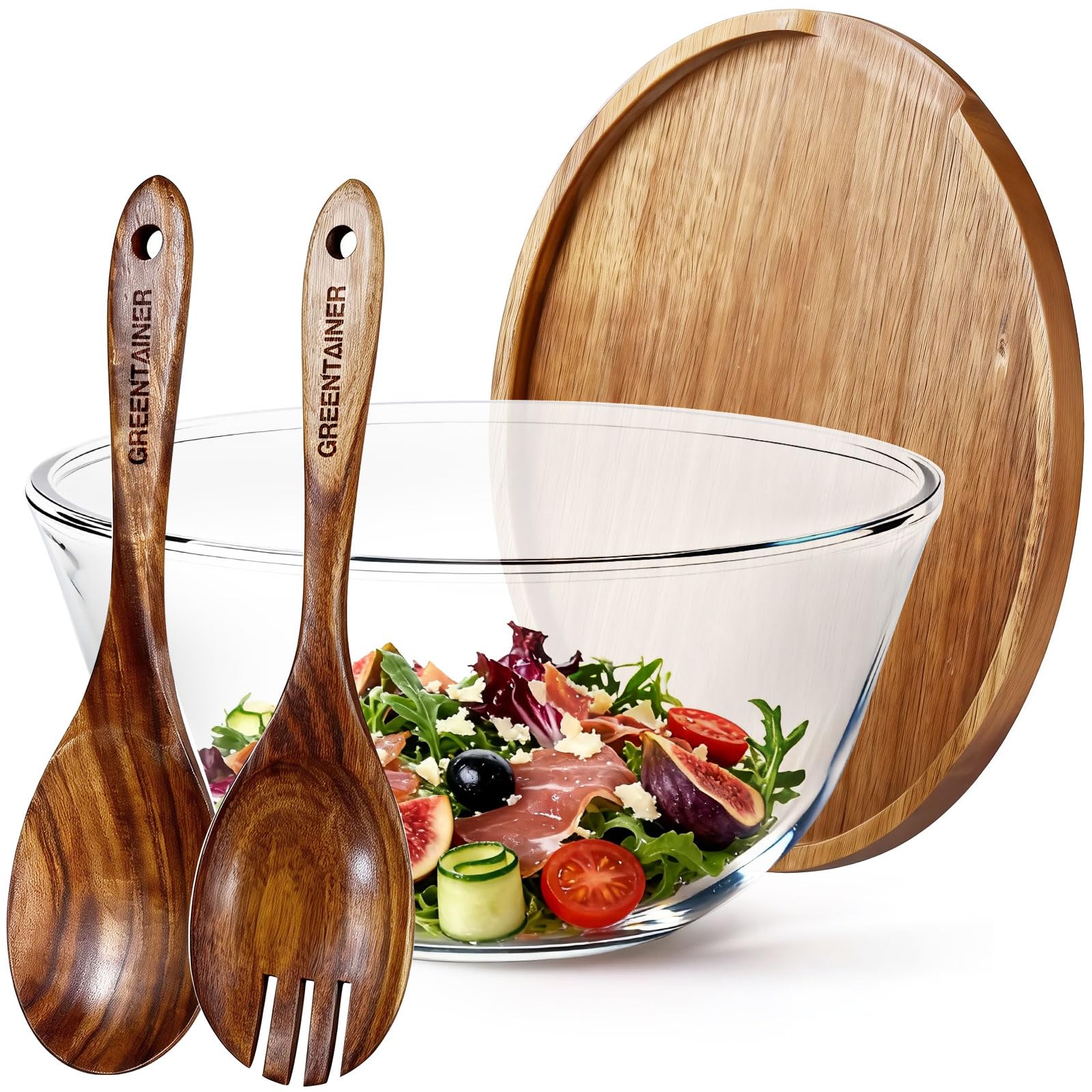 Greentainer Juego de ensaladera de 4 piezas, cubiertos para ensalada con cuenco para ensalada, cuenco redondo, ensaladera de cristal, apto para lavavajillas