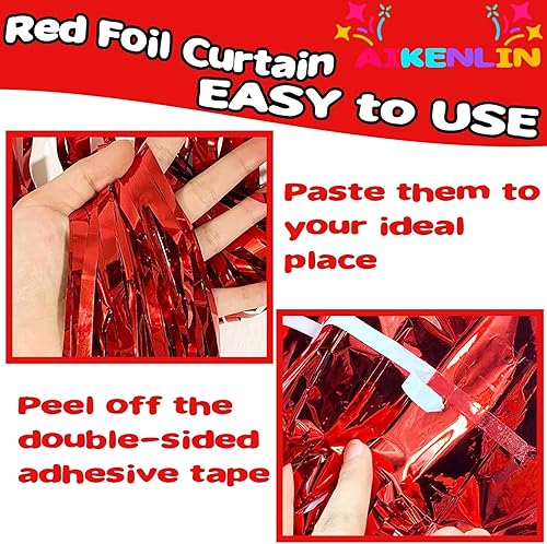 Miniatura 3 de Paquete de 4 cortinas de flecos de papel de aluminio rojo de 3.3 pies x 6.6 pies, cortinas de oropel metálico, cortinas de fondo para cabina de