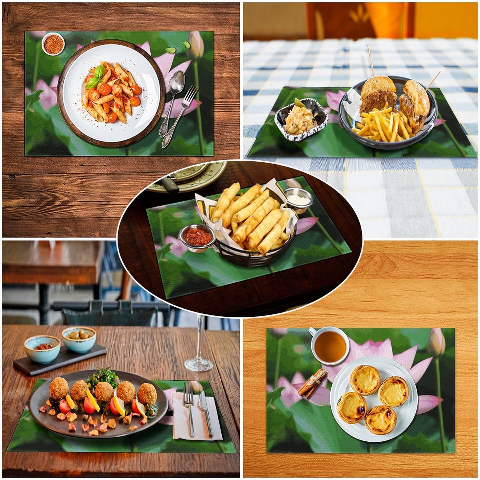 Lotus, 6 tovagliette all'americana in PVC, lavabili, resistenti al calore, antiscivolo, impermeabili, per interni ed esterni, tavolo da pranzo, cucina, feste