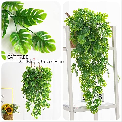 Miniatura 4 de CATTREE Hojas de Monstera - Paquete de 4 enredaderas colgantes artificiales, hiedra tropical, hojas verdes, vegetación, hiedra sintética, helechos