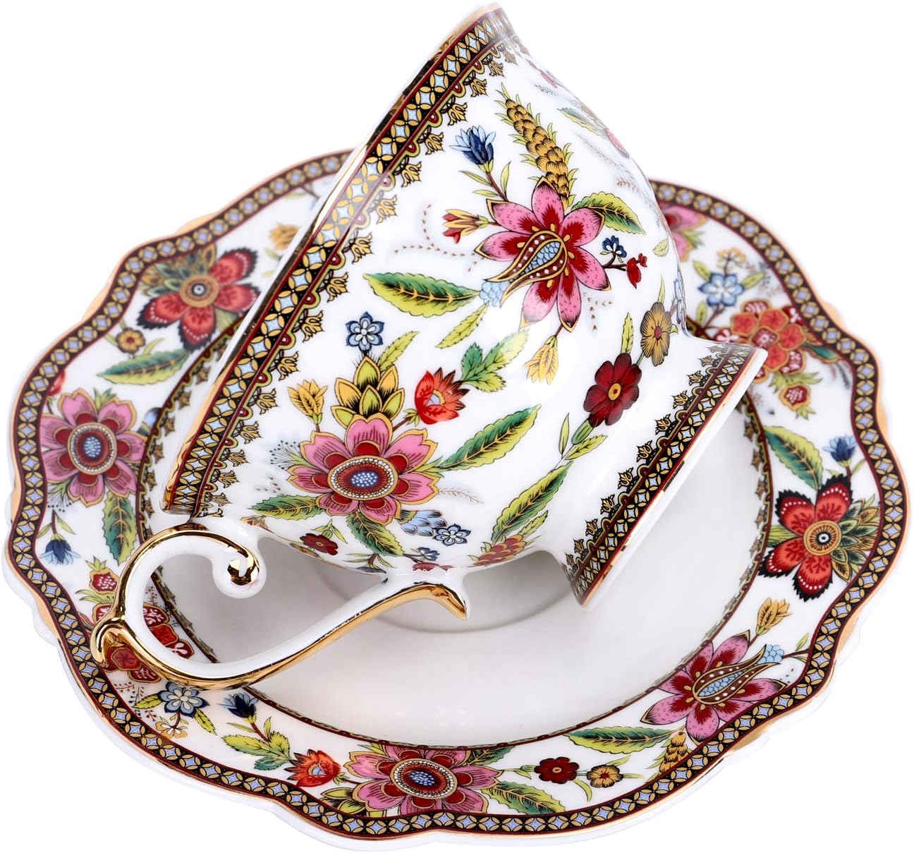 Fine Bone China British Coffee Cup and Saucer Set, Red Floral Vintage Porcelain Tea Cup, 200ml