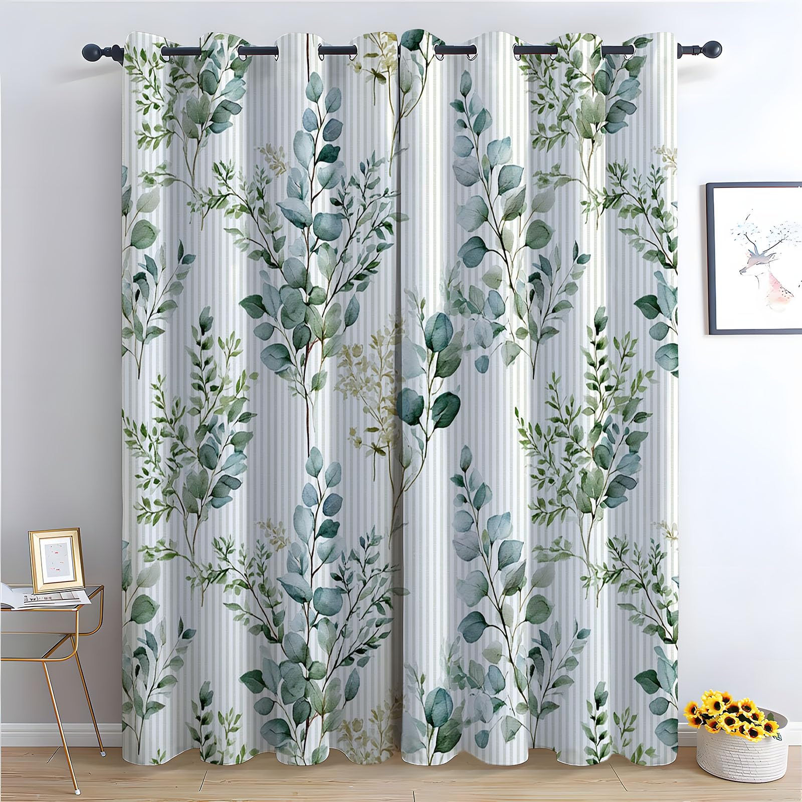 TERUEA Curtains Polyester Watercolor leaf vertical stripe botanical Farmhouse Flower Print Decorative Grommet Window Drapes Blackout Curtains for Bedroom-52 W x 120" L (Pack of 2)