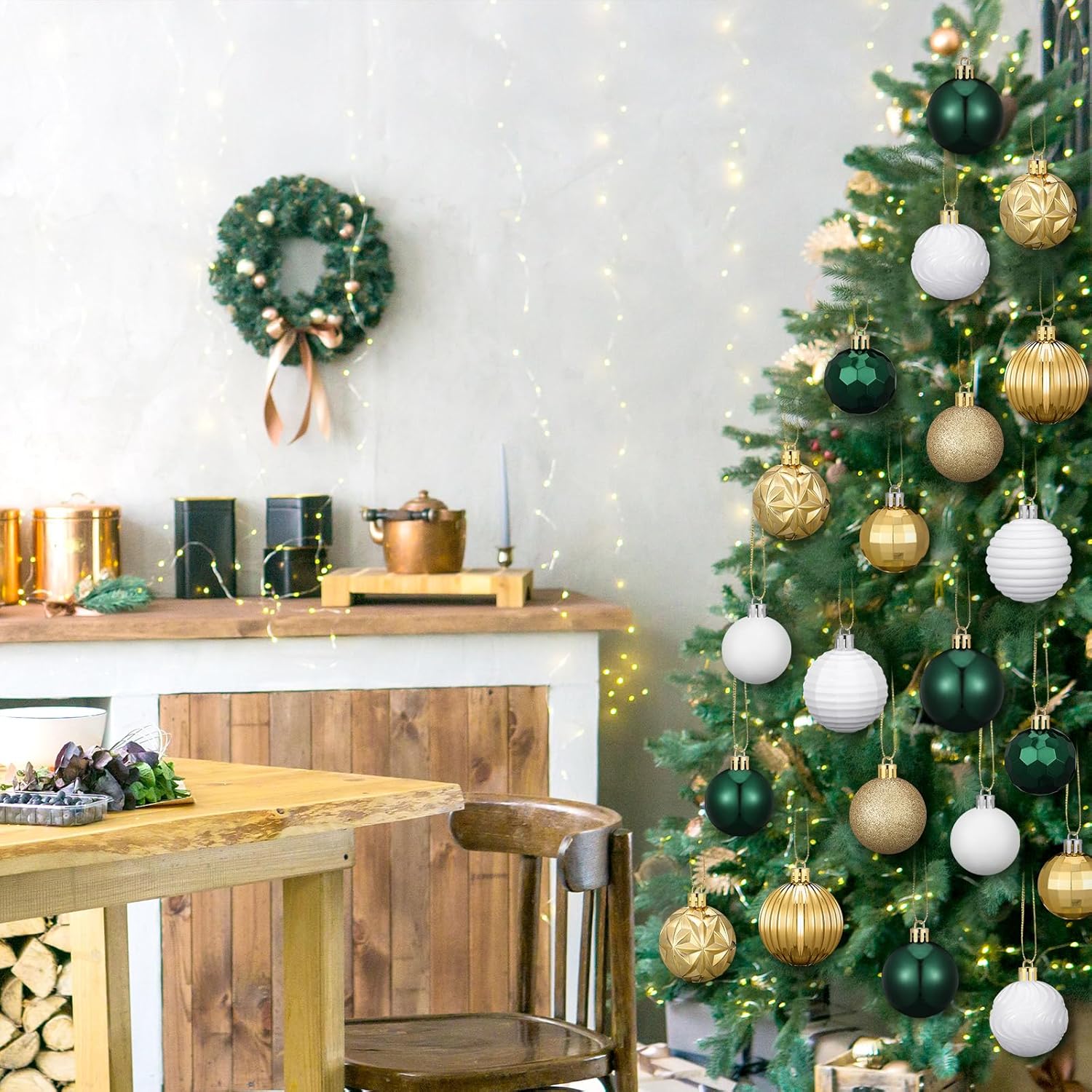 72 Pcs Christmas Ball Ornaments Bulk Emerald Green Gold White Tree Ornaments 1.57/1.97/2.36 Inch Shatterproof Matte Glitter Xmas Baubles Assorted Vintage Christmas Decor for Xmas Tree Home