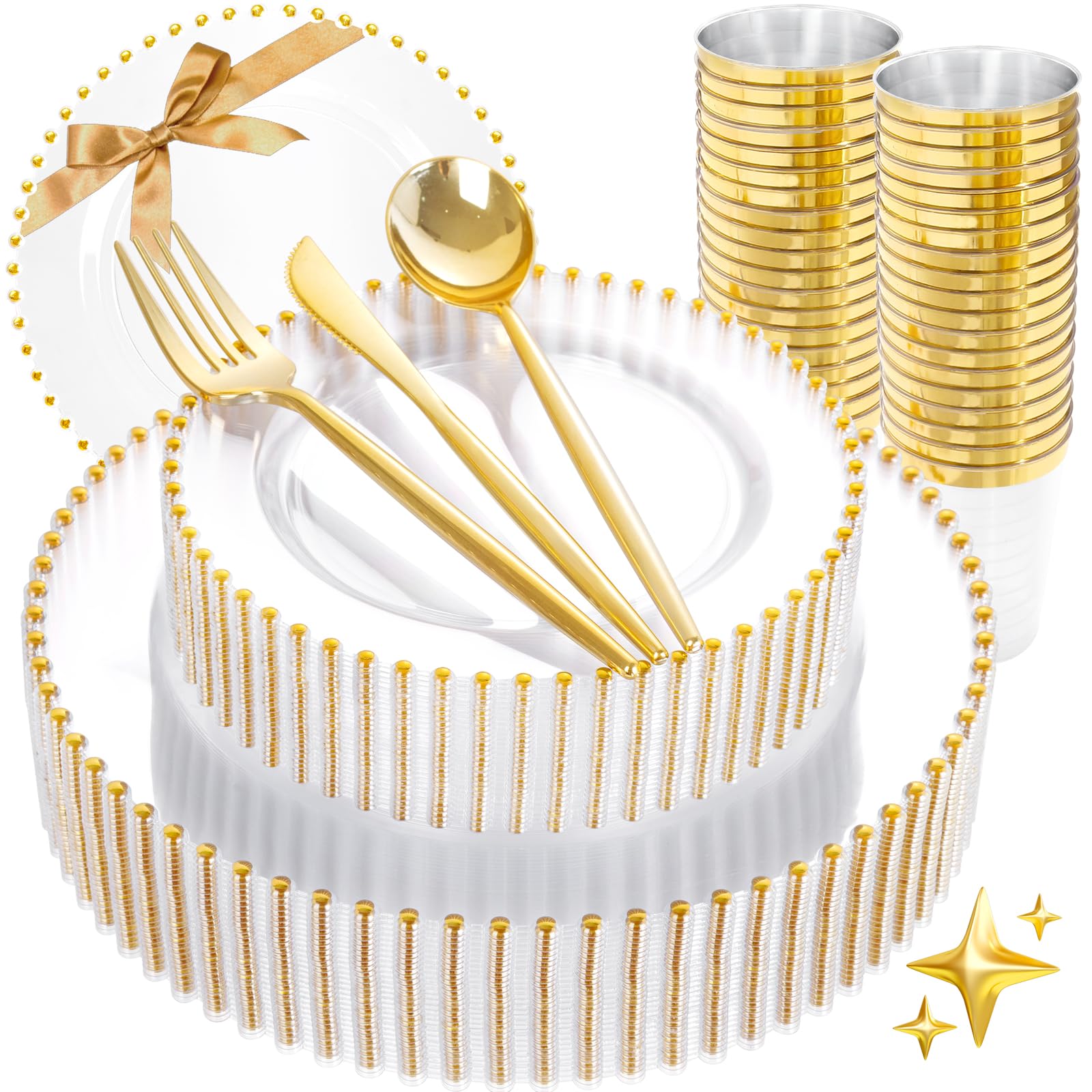 supernal Service de table doré transparent 180 pièces pour fête de mariage | Assiettes en plastique transparent avec bord perlé doré, assiettes jetables élégantes avec argenterie en plastique doré et