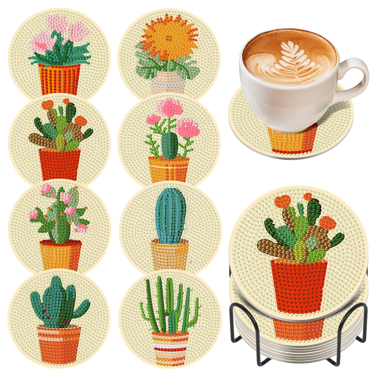 OkarinaArt 8 Pcs Plant Diamond Art Coasters Set with Holder, 5D DIY Cactus Diamond Painting Coasters Kits for Adults, Non Slip Coaster Gem Art Crafts Supplies