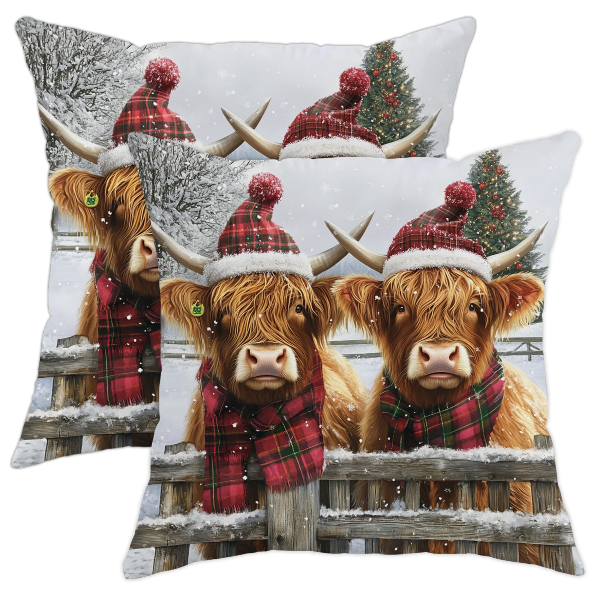 Winter Throw Pillow Covers Set of 2, Festive Highland Cow Decorative Cushion Cases, Christmas Farmhouse Decor for Sofa Couch Bed 20x20 Inch